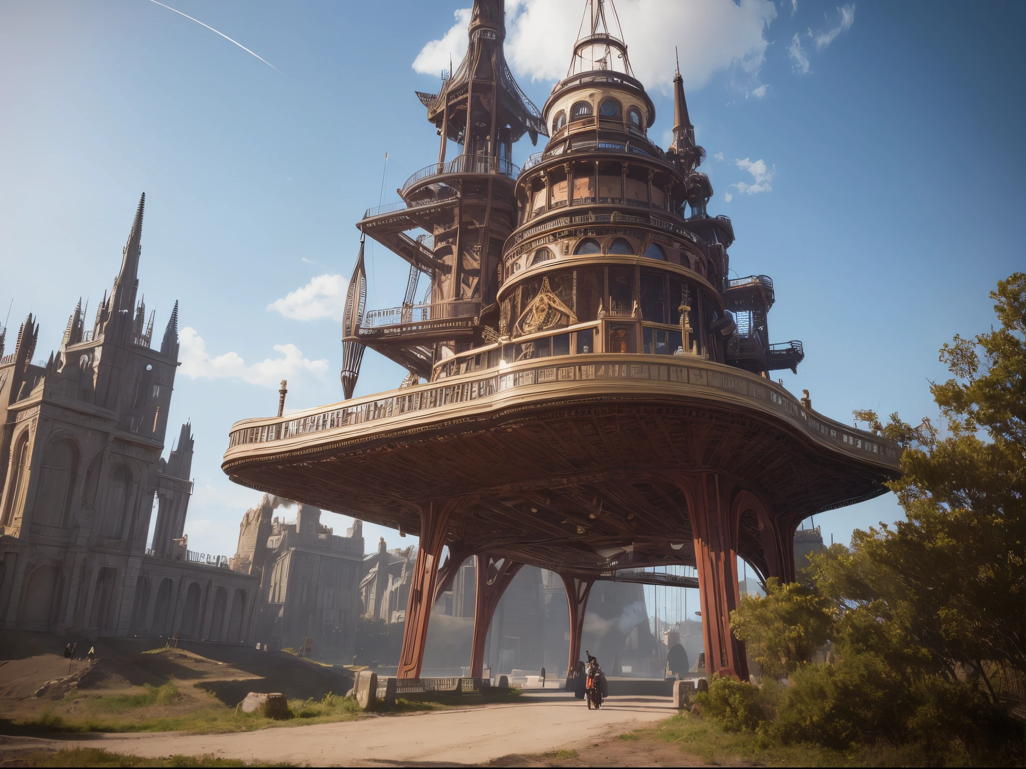 Craft an image of a Victorian-era steam-powered spaceship exploring uncharted realms in a hyperrealistic style, blending historical aesthetics with futuristic elements