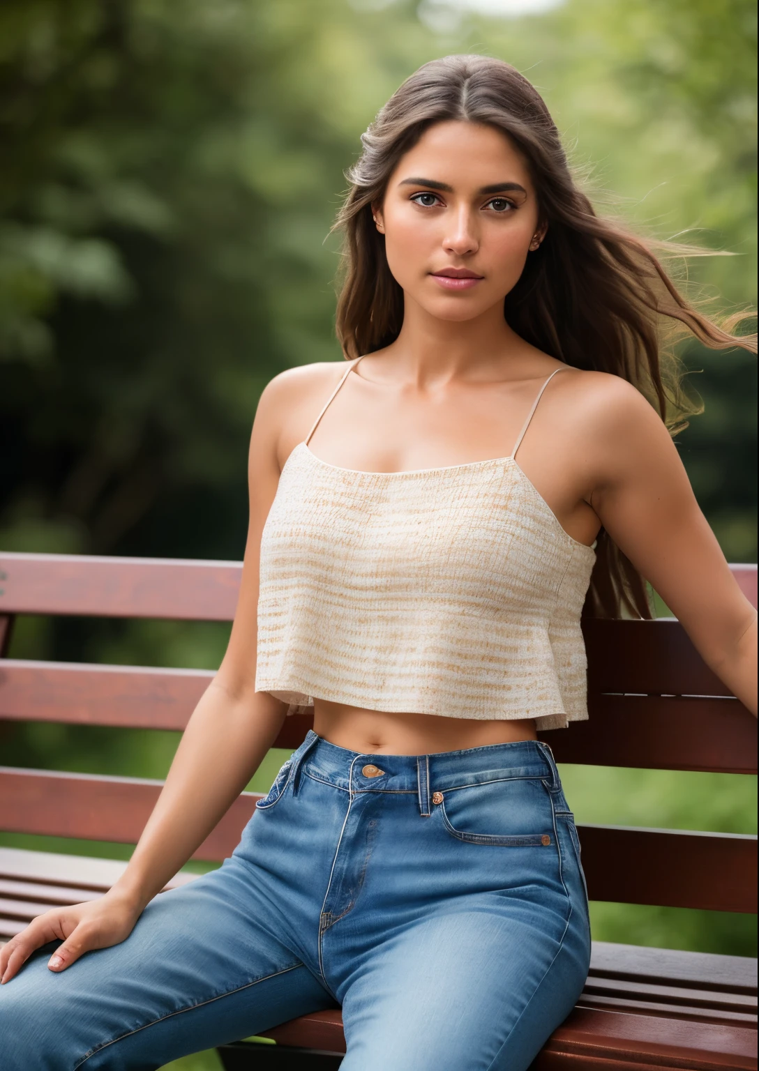 8k, RAW photo, best quality, ultra high res, photorealistic, realistic photo of a girl wearing a croptop, bare shoulders, jeans, sitting on a park bench, beautiful, detailed face, detailed, highres, realistic, photorealistic, half body, head to waist, matte skin, pores, wrinkles, (extremely detailed CG unity 8k wallpaper), photo of the most beautiful artwork in the world, professional majestic (photography by Steve McCurry), 8k uhd, dslr, soft lighting, high quality, film grain, Fujifilm XT3 sharp focus, f 5.6, High Detail, Sharp focus, dramatic, (looking at viewer:1.2), (natural light)