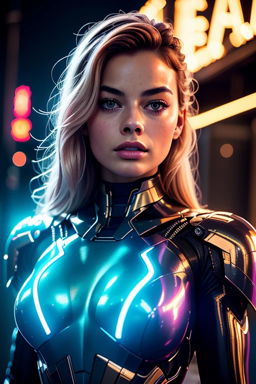 margot robbie, masterpiece, best quality,
1girl,ives girl, detailed face, realistic textured skin, Mecha,beautiful lighting, (muscle woman:1.3), (Neon Light:1.1),(Night:1.3),