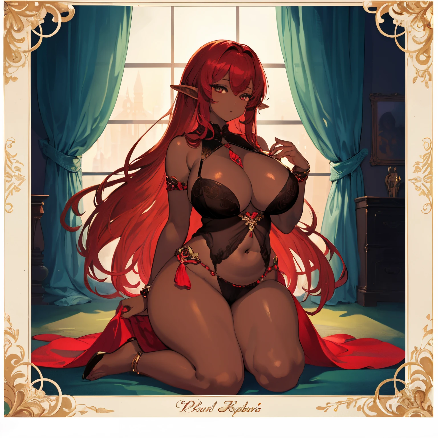 1 girl Big dark-skinned elf, red hair, hot figure, big beauty, delicate and beautiful face, full body portrait, big eyes, beautiful face, big, transparent tulle, y and alluring, plump body, hands on chest, perfect body proportions