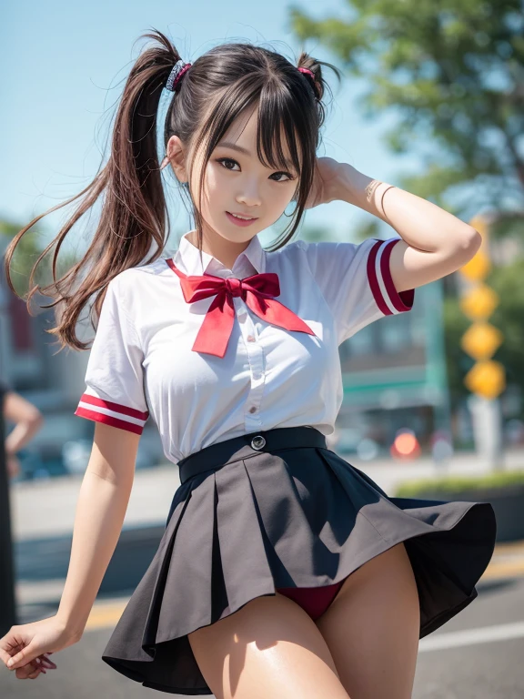 high school girl jumping、Wearing a high school uniform、Her short skirt is rolled up and her panties are visible.、hair is twin tail、Smiling、Big breasts、masutepiece、A detailed、masutepiece、portlate、Raw photo、top-quality、​masterpiece、超A high resolution、(Photorealsitic:1.4)、octan render、8K picture quality、ultrasharp、Details of complex ornaments、Extreme Detail