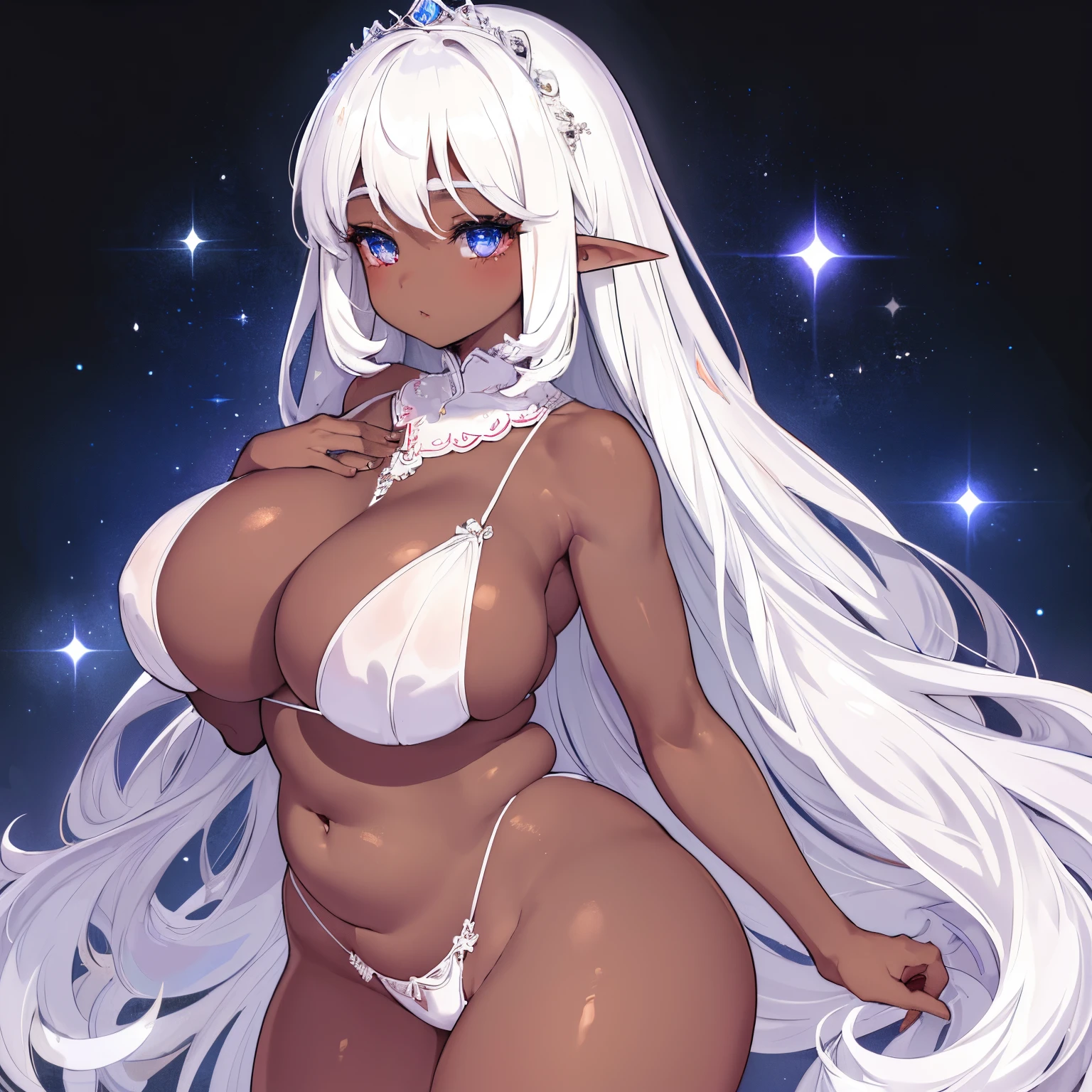 1 girl Big dark-skinned elf, white hair, hot figure, big beauty, delicate and beautiful face, full body portrait, big eyes, beautiful face, big, transparent tulle, sexy and alluring, plump body, hands on chest, perfect body proportions