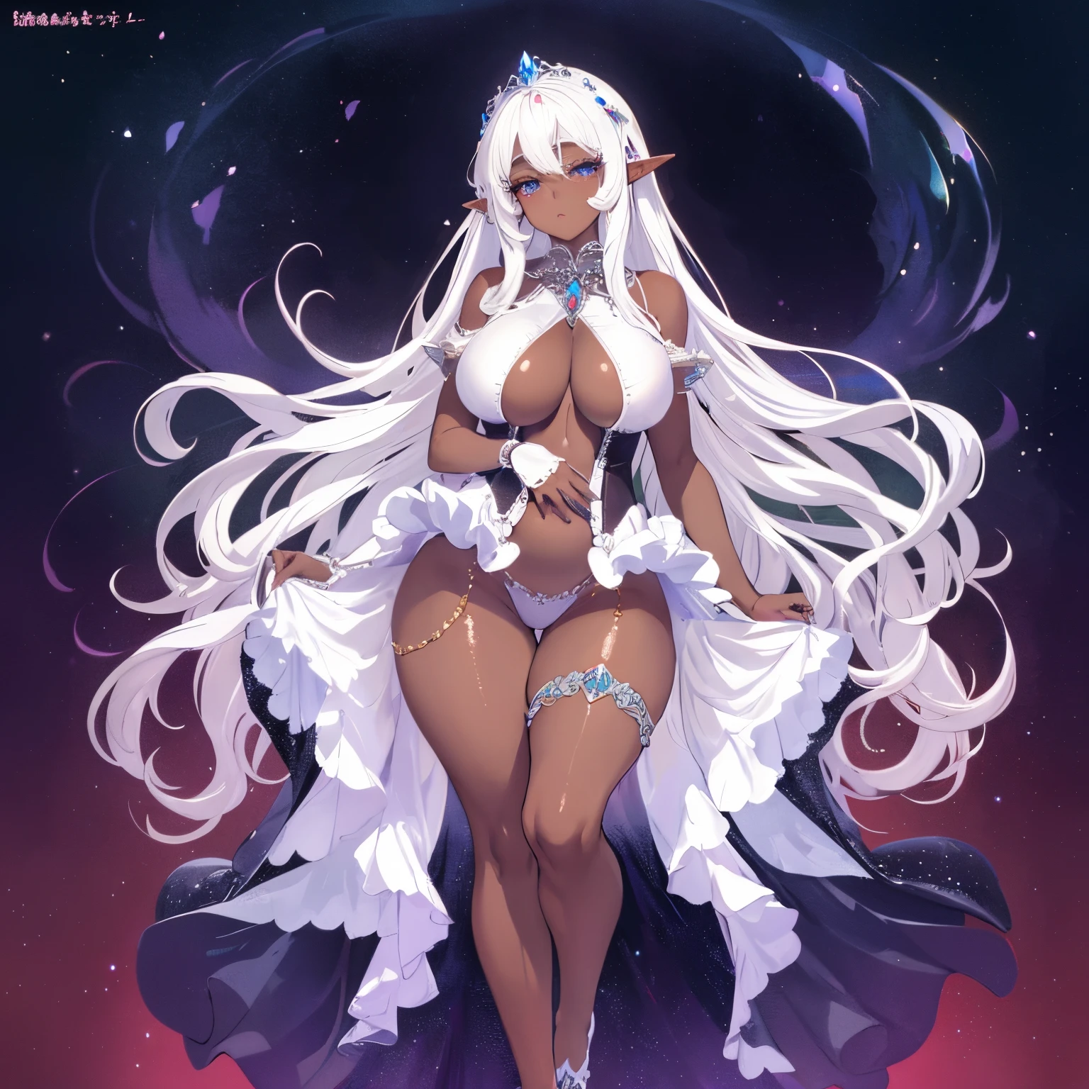 1 girl Big dark-skinned elf, white hair, hot figure, big beauty, delicate and beautiful face, full body portrait, big eyes, beautiful face, big, transparent tulle, sexy and alluring, plump body, hands on chest, perfect body proportions
