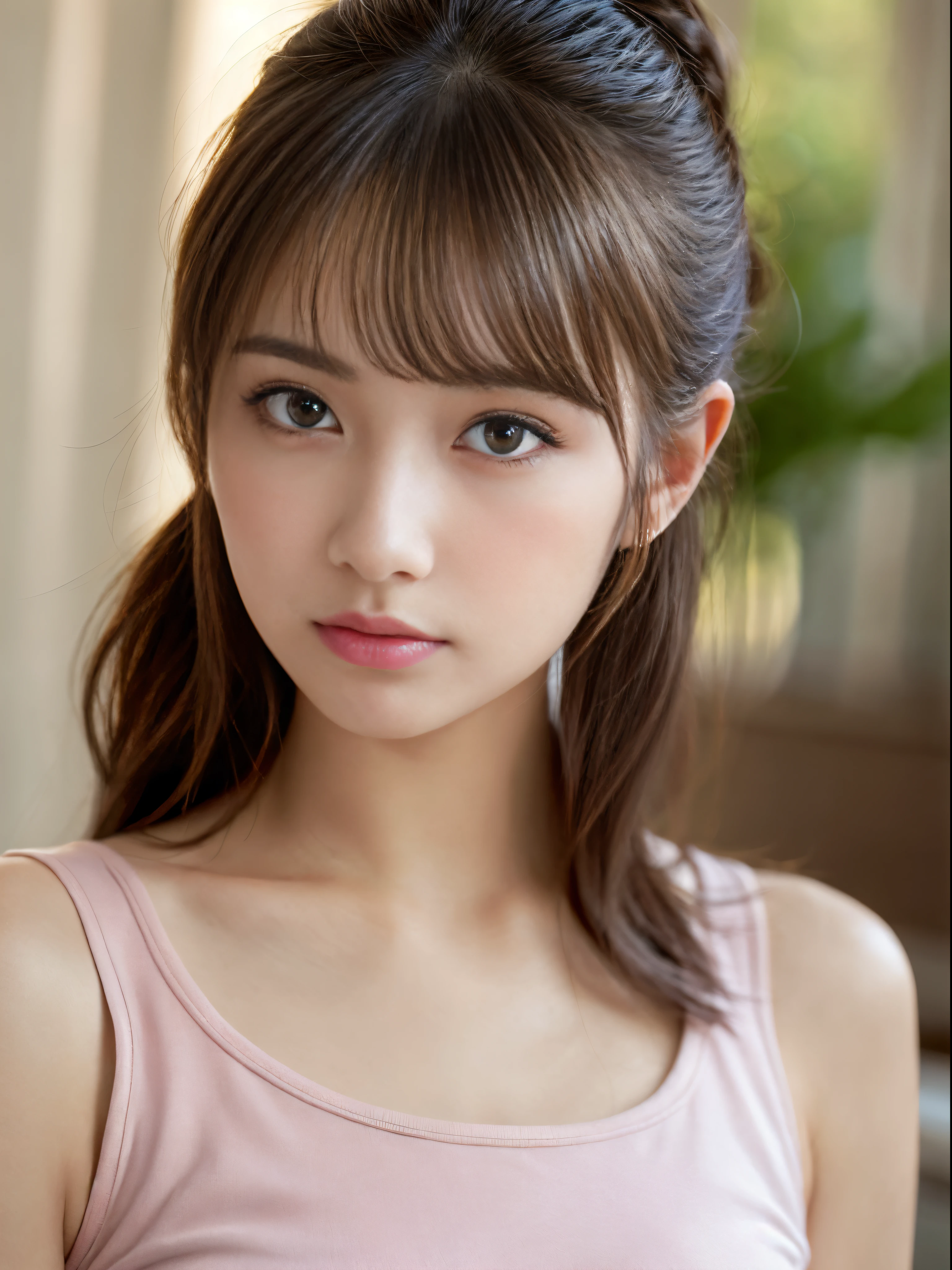 (masterpiece:1.5)、(8K)、(Photorealsitic:1.5)、Raw photography、(Top image quality:1.4)、(foco nítido:1.5)、
top-quality、masterpiece、超A high resolution、very detailed and professional lighting、
23 years old、slender、prety woman:1.4、serious facial expression、
In the living room where the morning sun shines、randome pose、
Wearing a pink tank top、
light brown hair、poneyTail、Glowing hair、
Super Detail Face、A detailed eye、二重まぶた、
Natural Color Lip、Transparent skin、