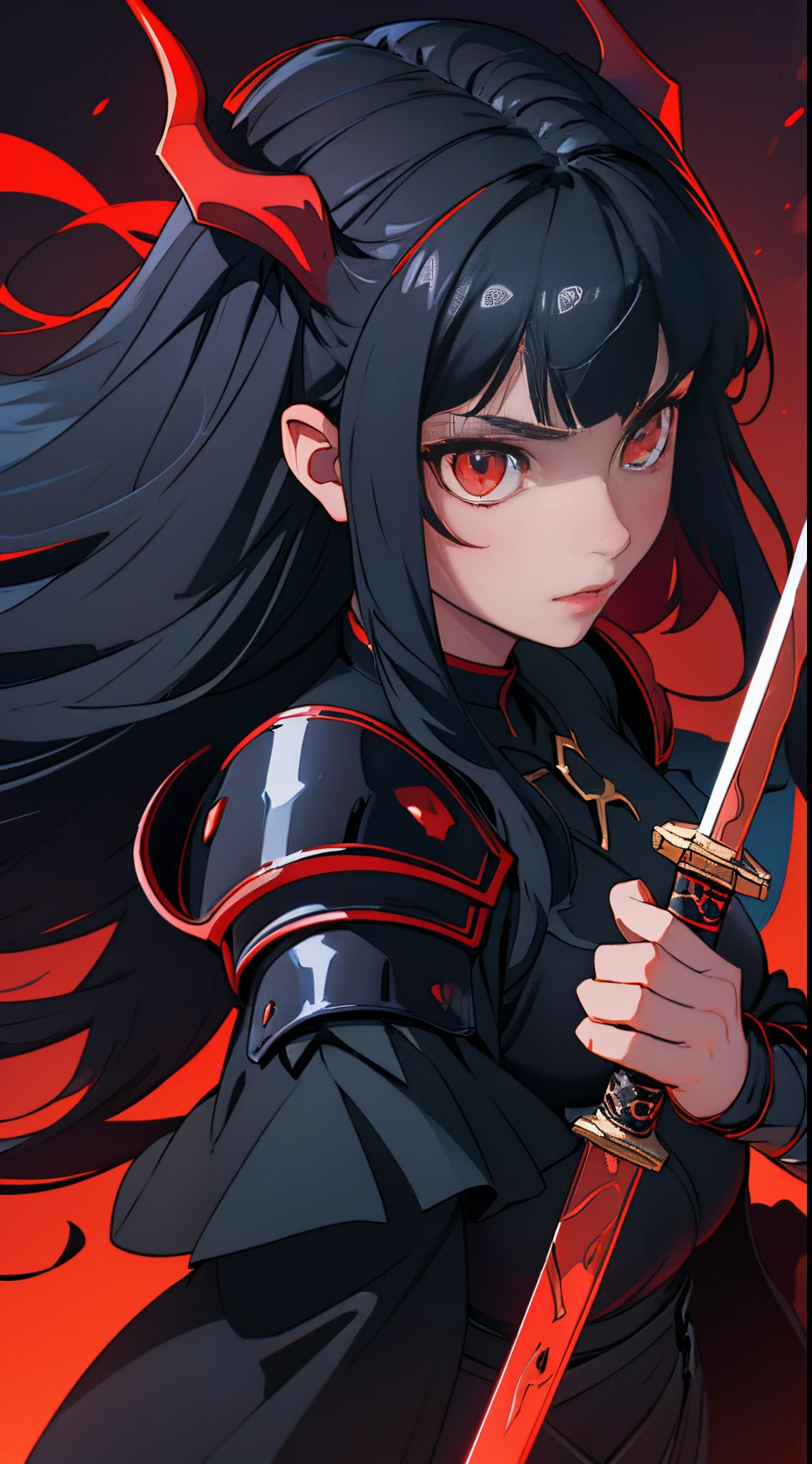 Caera Denoir the beginning after the end, Beautiful girl, deep black horns, dark blue hair, red eyes, glowing eyes, hair with bangs, shoulder armor, holding a sword, red sword, dungeon background, background illumination, black fire