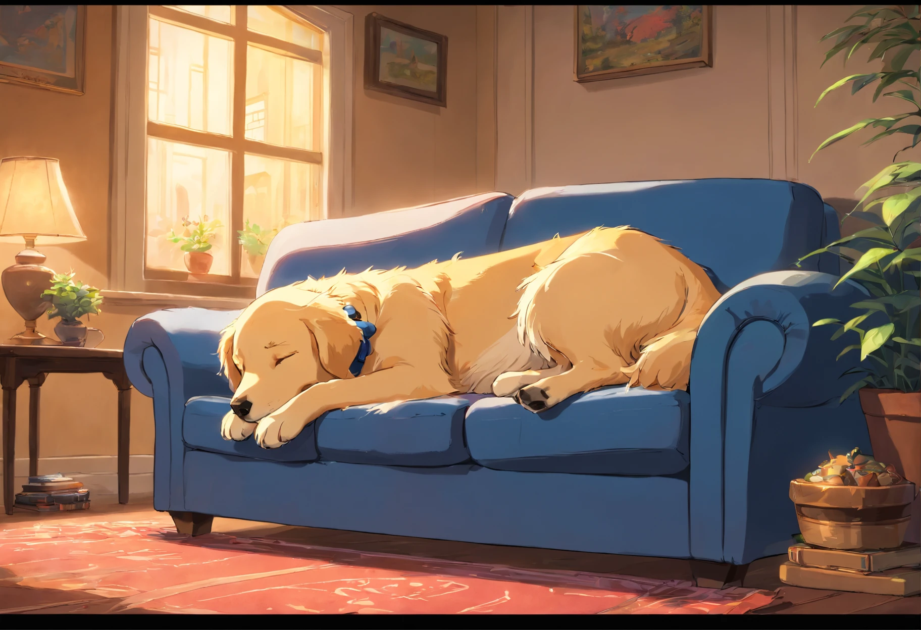 "A sleeping golden retriever dog, Sleep on the sofa, Cozy living room as background, (Better quality, climaxing