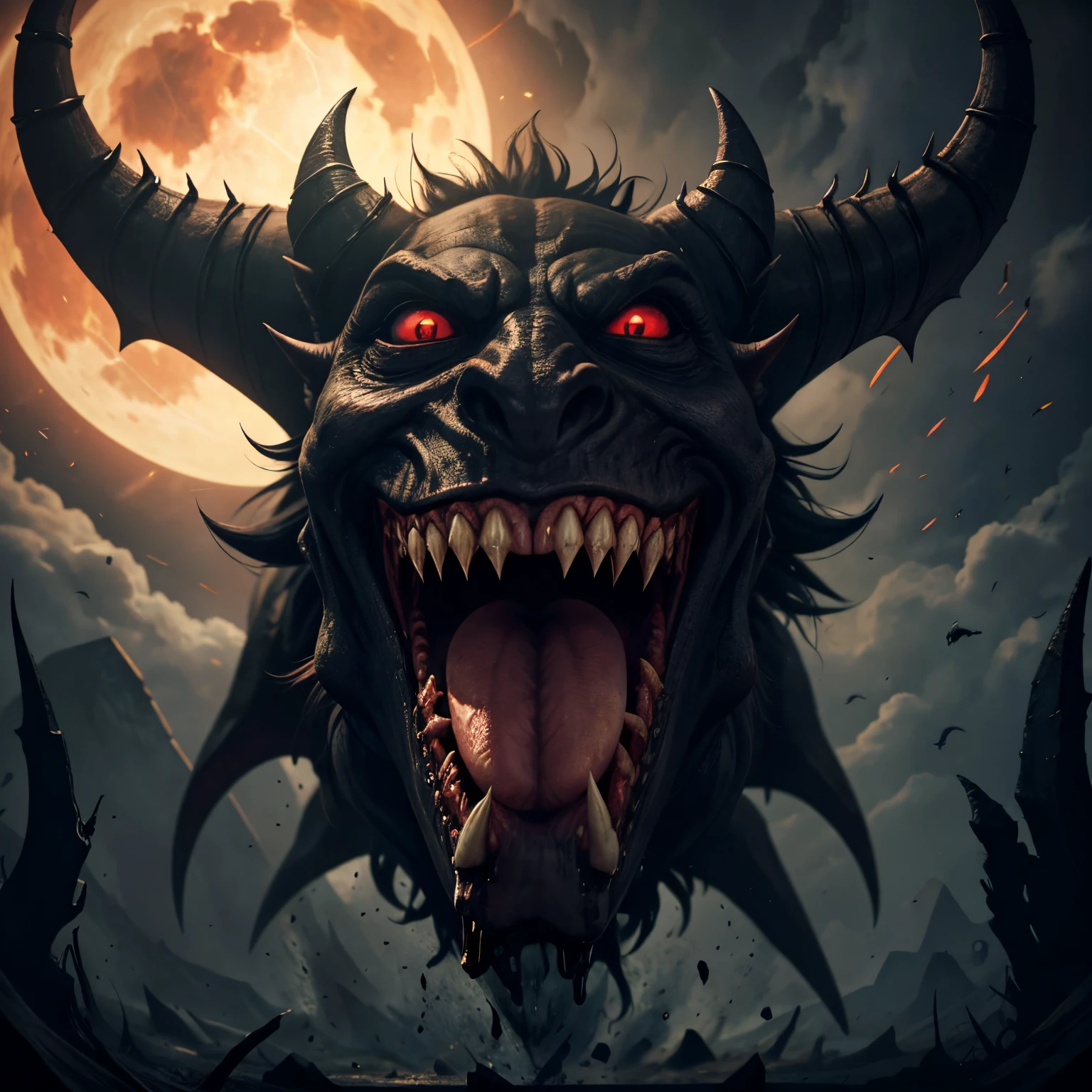 The demons,Eye Devil,Dark creatures,Hell creatures,Black skin,Huge mouth,A mouth full of fangs