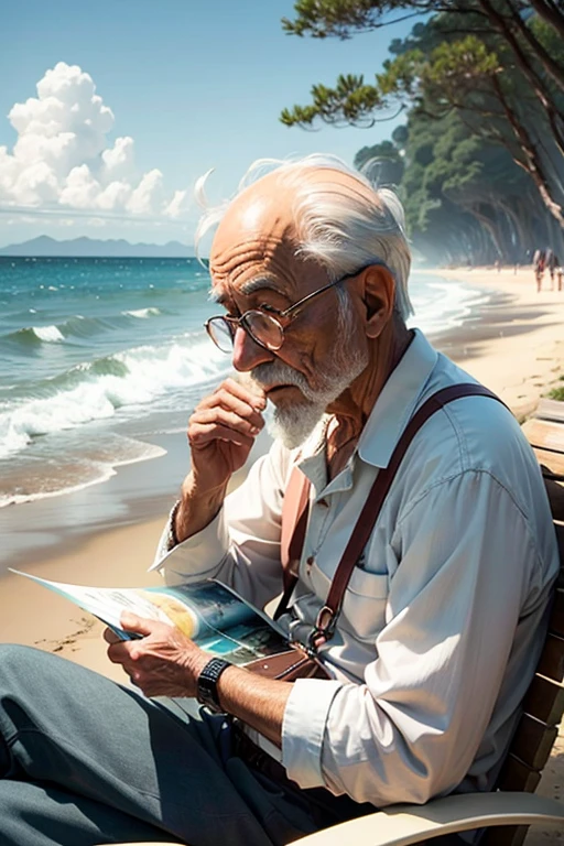 An old man looking at a postcard, a quiet sea, calm waves, memories,