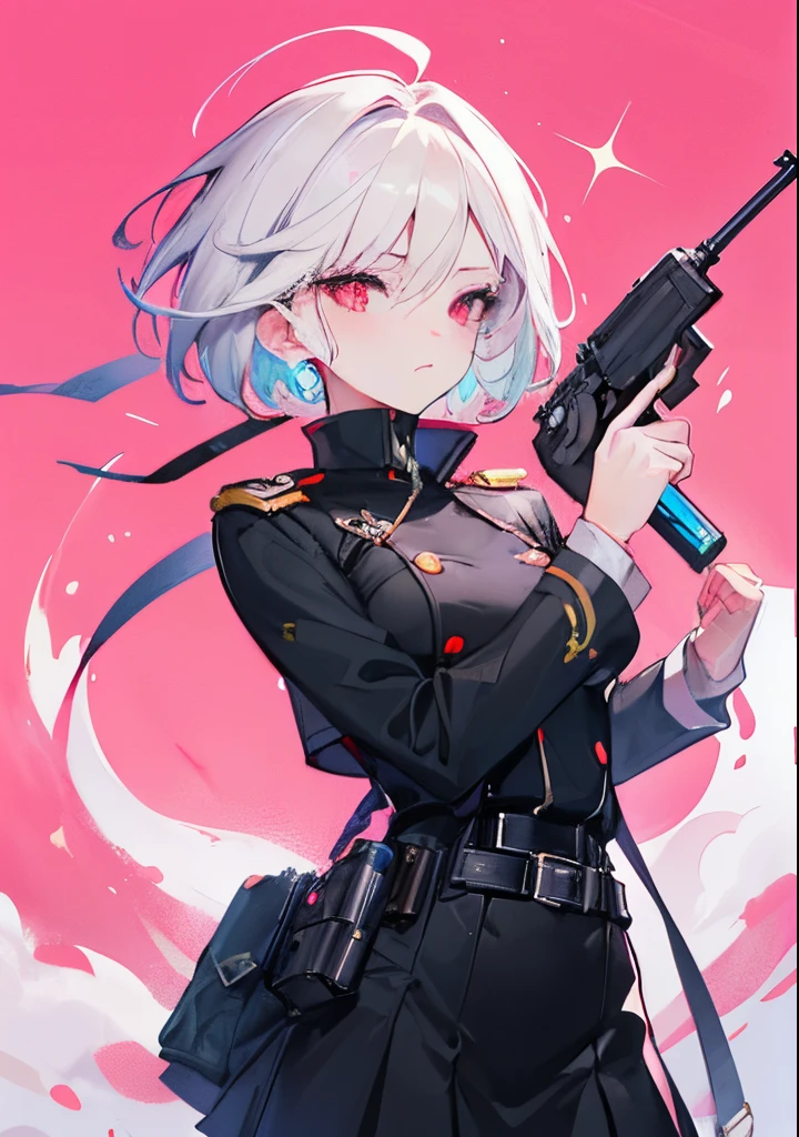 ⓪Action：(holding pistol,: 1.5), Finger guns, put one’s finger on trigger,
①Quality：(ultra-detailed:1.3), masterpiece, 8k, extremely detailed CG, (1 girl), Perfect hands:1.2), (Perfect Anatomy:1.2), (beautiful face: 1.1), Intricate Iris Details, Captivating Eye Reflections, Sparkling Highlights in the Eyes, Depth and Dimension in the Pupils, Subtle Color Variations in the Iris, Meticulous Eyelash Details,　Depth and Dimension in the Pupils, 
②Lighting：brightening light, moody lighting, nature lighting, Best Illumination, 
③ part: (small breasts: 1.2), shiny hair, floating hair, sparkling pupils, detailed face, detailed eyes, detailed skin, shiny hair, 
④Style: animation, illustration, (blush:1.0), Mass sweat　 
⑤Subject (short hair:1.3), (White hair, short hair, red eyes, ), 
⑥Environment：shooting range,Cyber cty,
⑦Construction：Upper body, looking away,
⑧Costume : (Manteau,black one-piece military uniform,black skirt,belt at under the breast,: 1.3), Beautiful breasts,black tights,
⑨Others：(Toned wais,slender bod,small hea,Seven-headed body, beauty legs, Footboard beauty),