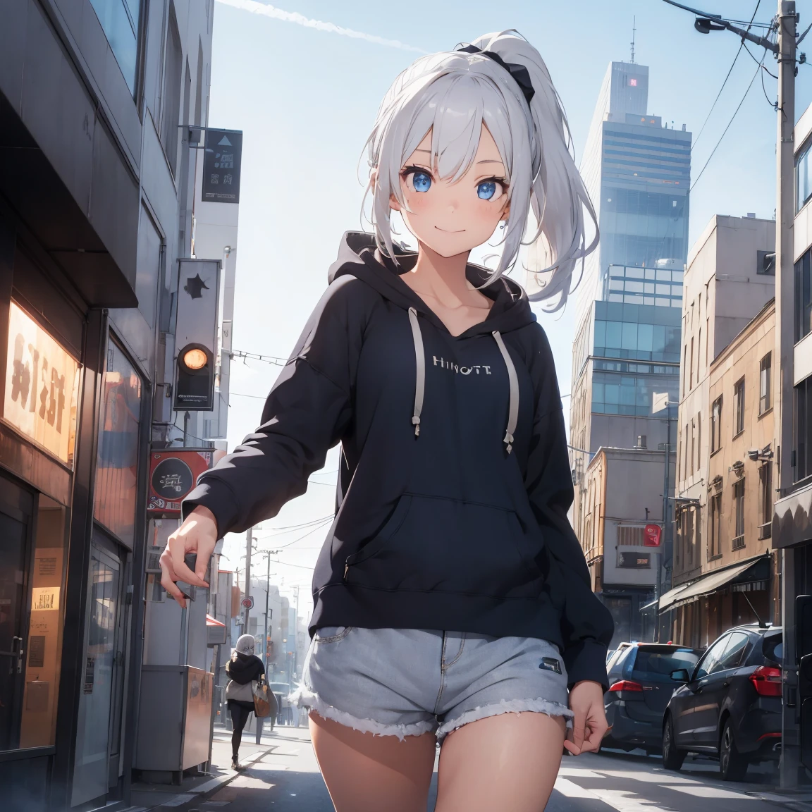 1girl, white hair, blue eyes, smile, ponytail, grey hoodie, short pants, smartwatch, city background