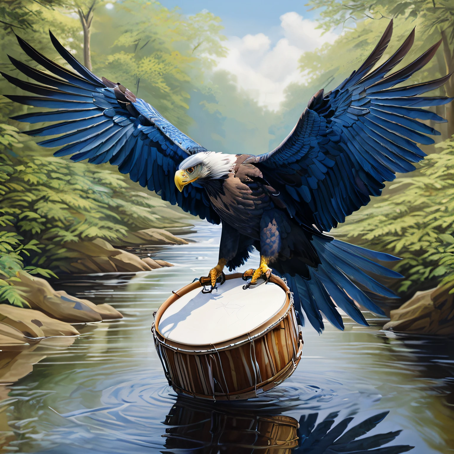 A blue eagle with outstretched wings, sobre um riacho, segurando um tambor