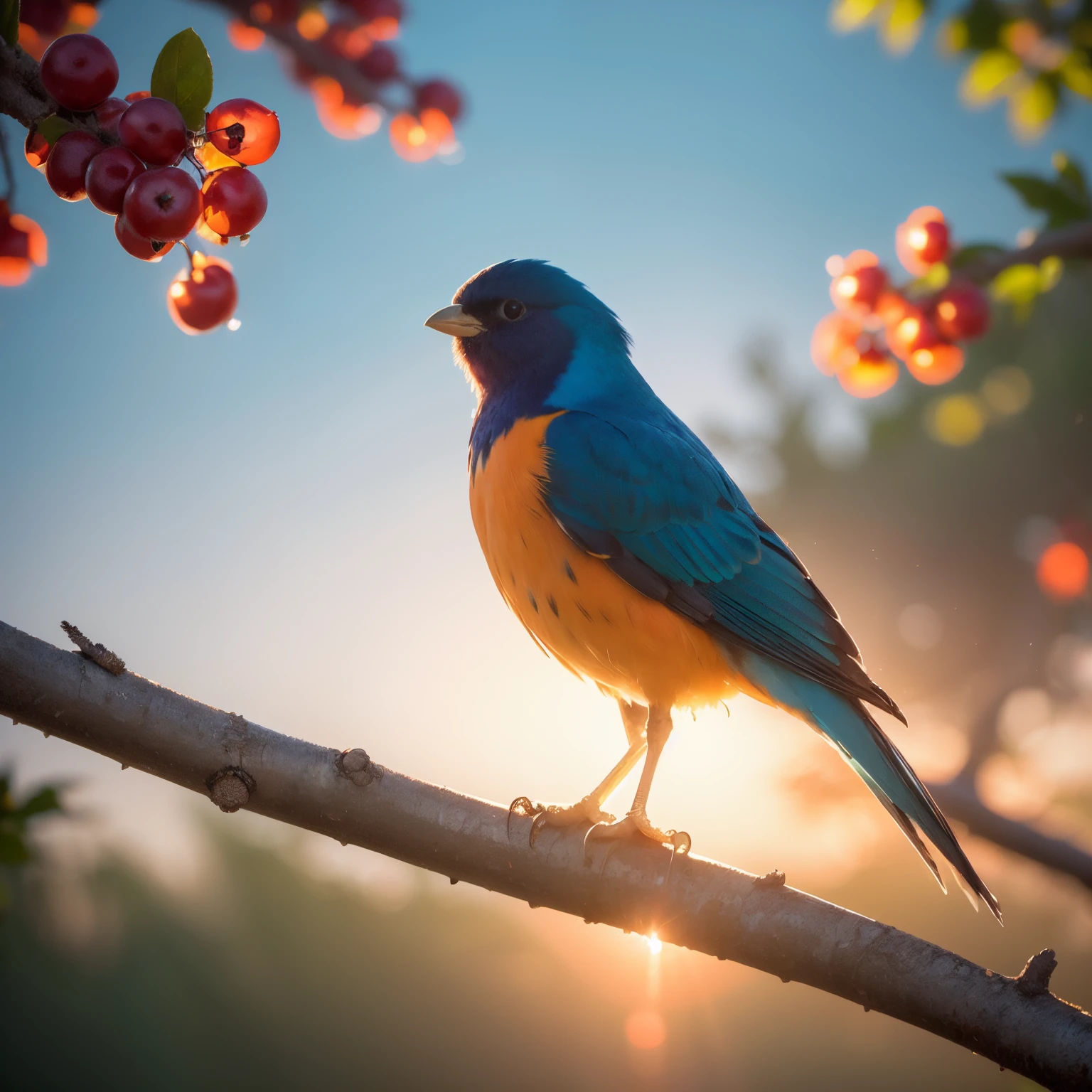 (masterpiece, best quality, highres, ultra-detailed, realistic:1.37), vibrant colors, soft lighting, oil painting, bird, wintersweet trees, blue and orange plumage, cold morning, dawn here is a high quality、Lots of detail, Realistic design, Paintings with rich oil painting effect,describes a beautiful bird。On screen,The cold morning is about to dawn,A bird with blue and orange feathers stands on a plum branch。The light in the picture is soft,vibrant with colors,It gives a feeling of warmth and tranquility。