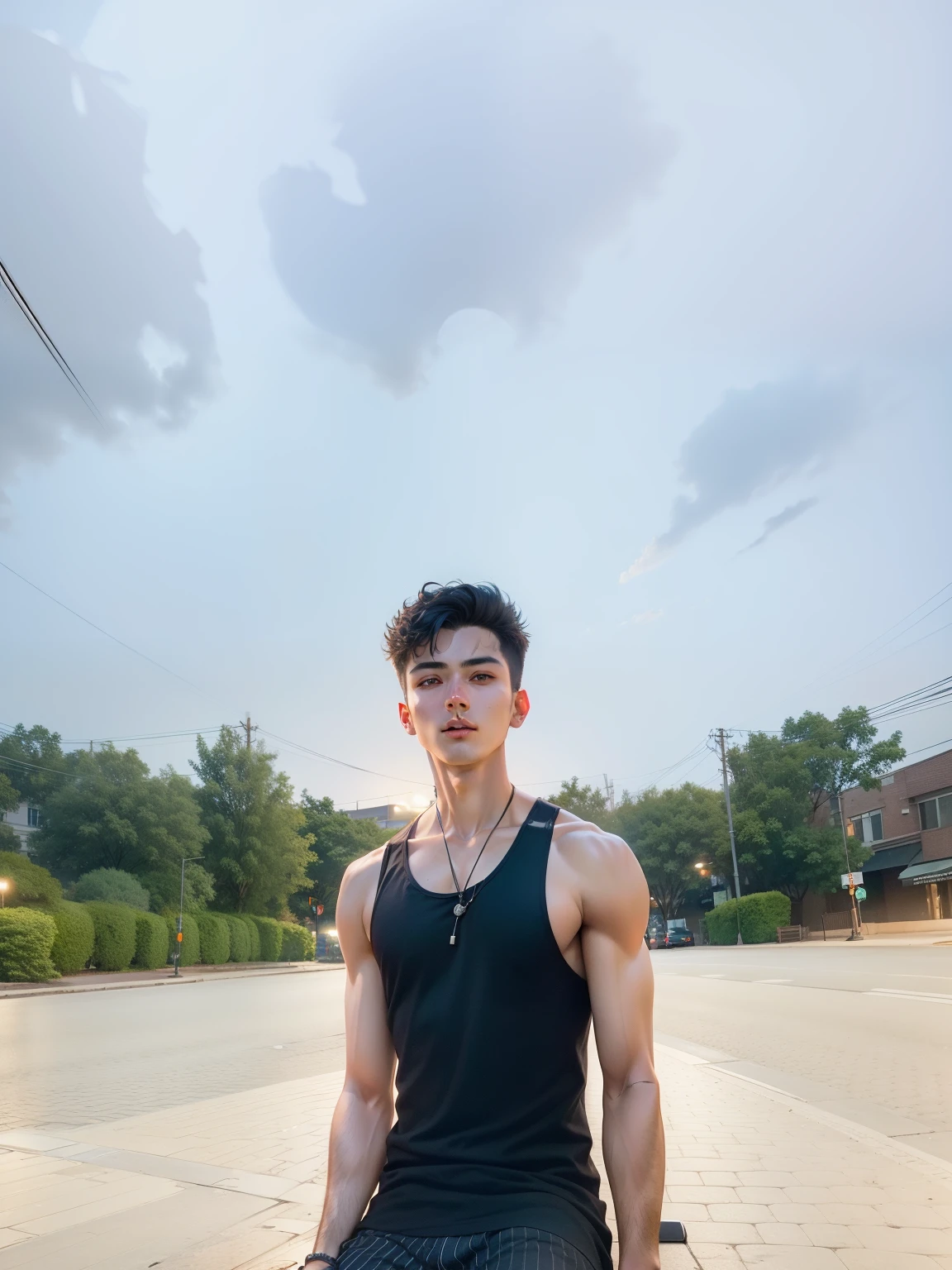 RAW photo, a young man sitting by a street at night, (high detailed skin:1.2), 8k uhd, dslr, soft lighting, high quality