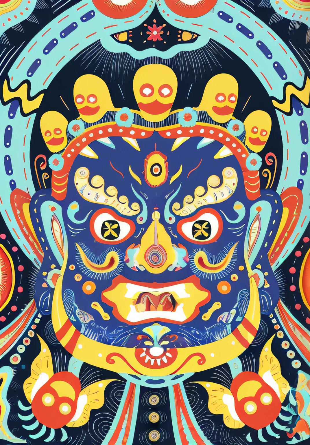 Close-up of colorful painting of a face on blue background, psychedelic illustrations, Psychedelic Laughing Devil, psychological artwork, Psychedelic art style, Adobe Illustration Art, psychedelic shaman, Colorful illustration, tribal psychedelic, psychedelic organic shaman, detailed digital illustration, Retro psychedelic illustration, Psychedelic DMT, Detailed digital artwork, Chris Dale, psychedelic cosmic horror, surreal psychedelic design