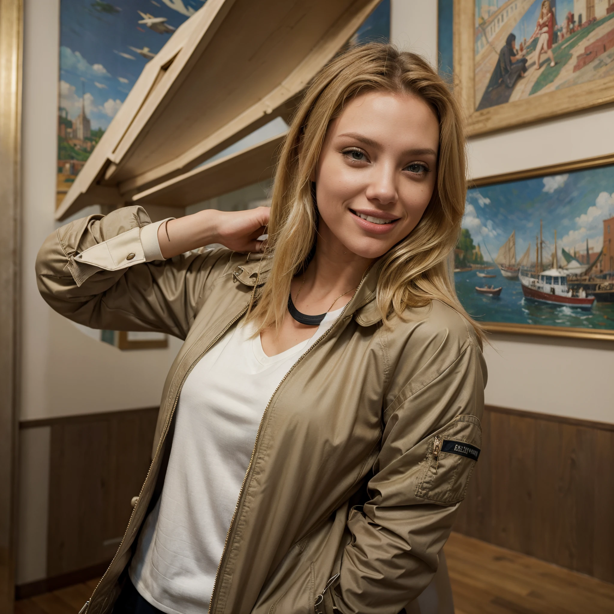 show me a 21 year old girl, blonde hair, athletic build, playful smile, dressed in smart clothes with a flight jacket, exploring a museum and discovering an impressionist painting, she looks like a mix between angelina jolie and scarlett johanssen