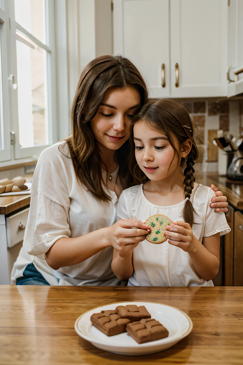 Canon DSLR Capture: A brightly lit kitchen scene showcasing a parent and child engaged in the delightful task of making Halloween-themed cookies. The child, with flour on their face, carefully places candy eyes on a cookie, while the parent assists with the icing. The table is a delightful mess of cookie cutters, icing tubes, and sprinkles. --ar 16:9 --q 5 --v 5.2 --s 1000