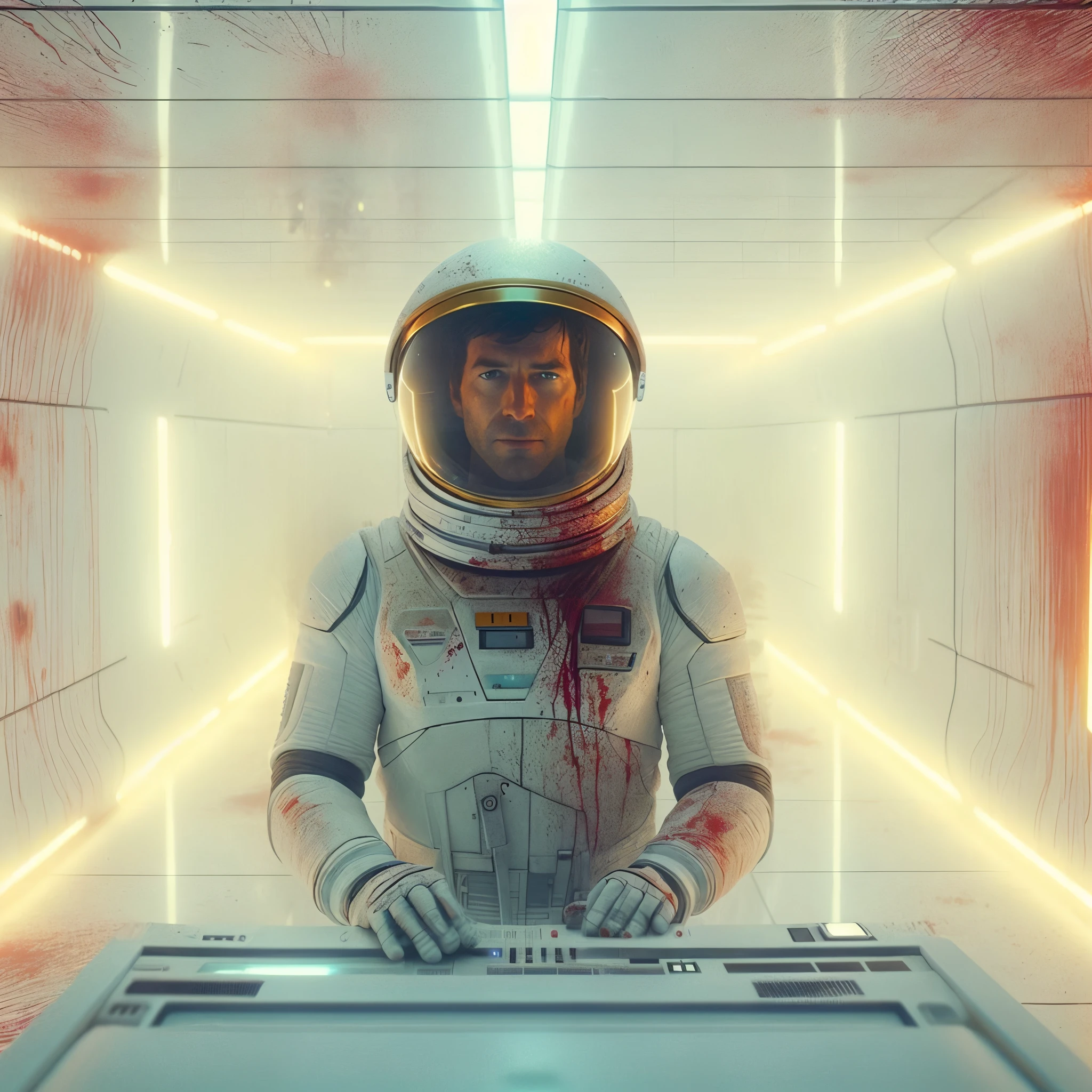 arafed astronaut in a white space suit standing in a room with a keyboard, beeple and jean giraud, beeple and mike winkelmann, by Mike Winkelmann, inspired by roger deakins, still from a ridley scott movie, 8 k movie still, beeple. octane render, beeple and greg rutkowski