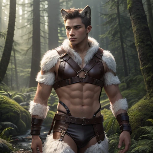 beautiful wild elf wearing fur jockstrap, very short brown hair with undercut, dark fantasy forest
