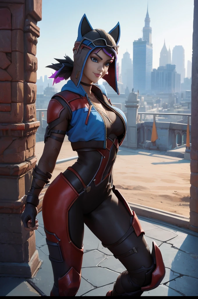 1 Mature Assassin Woman, Body, Red and black assassin costume, Holding a dagger, (masutepiece: 1.4), (8K, Realistic, Raw photo, Best Quality: 1.4), Big dagger, Japan mature woman, large full breasts, Beautiful beautiful face, (Real Face: 1.4), Perfect , Beautiful hairstyle, Realistic blue eyes, Beautiful detail eyes, (Real Skin: 1.3), Beautiful skin, Attractive, Ultra High Resolution, A hyper-realistic, city ruins, Post-apocalyptic world, Cinematic lighting, Black-haired mohawk, blue ribbons,a smile,  Isekai Fantasy, View, Battle Pose　Castle balcony at night,Female,Renegade_Lynx, Tail, female focus, breasts.simple background, detailed, looking at viewer, centered,