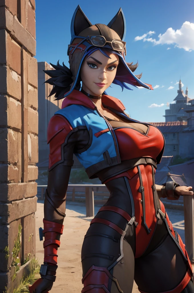 1 Mature Assassin Woman, Body, Red and black assassin costume, Holding a dagger, (masutepiece: 1.4), (8K, Realistic, Raw photo, Best Quality: 1.4), Big dagger, Japan mature woman, large full breasts, Beautiful beautiful face, (Real Face: 1.4), Perfect , Beautiful hairstyle, Realistic blue eyes, Beautiful detail eyes, (Real Skin: 1.3), Beautiful skin, Attractive, Ultra High Resolution, A hyper-realistic, city ruins, Post-apocalyptic world, Cinematic lighting, Black-haired mohawk, blue ribbons,a smile,  Isekai Fantasy, View, Battle Pose　Castle balcony at night,Female,Renegade_Lynx, Tail, female focus, breasts.simple background, detailed, looking at viewer, centered,