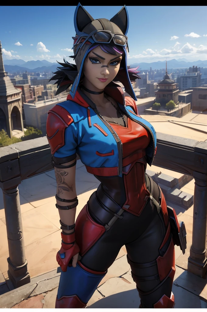 1 Mature Assassin Woman, Body, Red and black assassin costume, Holding a dagger, (masutepiece: 1.4), (8K, Realistic, Raw photo, Best Quality: 1.4), Big dagger, Japan mature woman, large full breasts, Beautiful beautiful face, (Real Face: 1.4), Perfect , Beautiful hairstyle, Realistic blue eyes, Beautiful detail eyes, (Real Skin: 1.3), Beautiful skin, Attractive, Ultra High Resolution, A hyper-realistic, city ruins, Post-apocalyptic world, Cinematic lighting, Black-haired mohawk, blue ribbons,a smile, Isekai Fantasy, View, Battle Pose Castle balcony at night,Female,Renegade_Lynx, Tail, female focus, breasts.simple background, detailed, looking at viewer, centered,