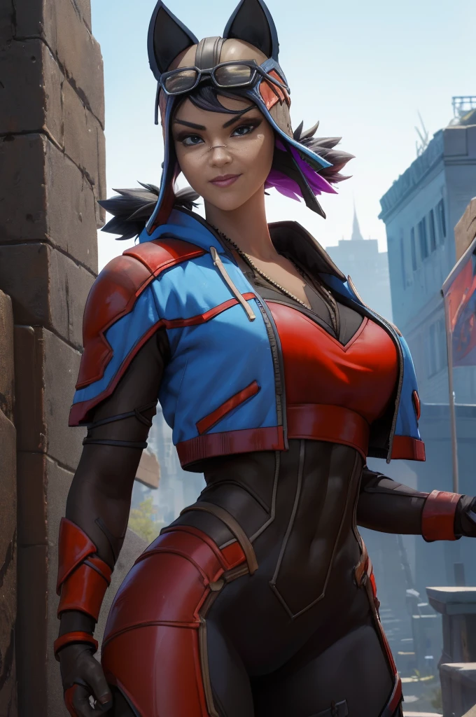 1 Mature Assassin Woman, Body, Red and black assassin costume, Holding a dagger, (masutepiece: 1.4), (8K, Realistic, Raw photo, Best Quality: 1.4), Big dagger, Japan mature woman, large full breasts, Beautiful beautiful face, (Real Face: 1.4), Perfect , Beautiful hairstyle, Realistic blue eyes, Beautiful detail eyes, (Real Skin: 1.3), Beautiful skin, Attractive, Ultra High Resolution, A hyper-realistic, city ruins, Post-apocalyptic world, Cinematic lighting, Black-haired mohawk, blue ribbons,a smile, Isekai Fantasy, View, Battle Pose Castle balcony at night,Female,Renegade_Lynx, Tail, female focus, breasts.simple background, detailed, looking at viewer, centered,