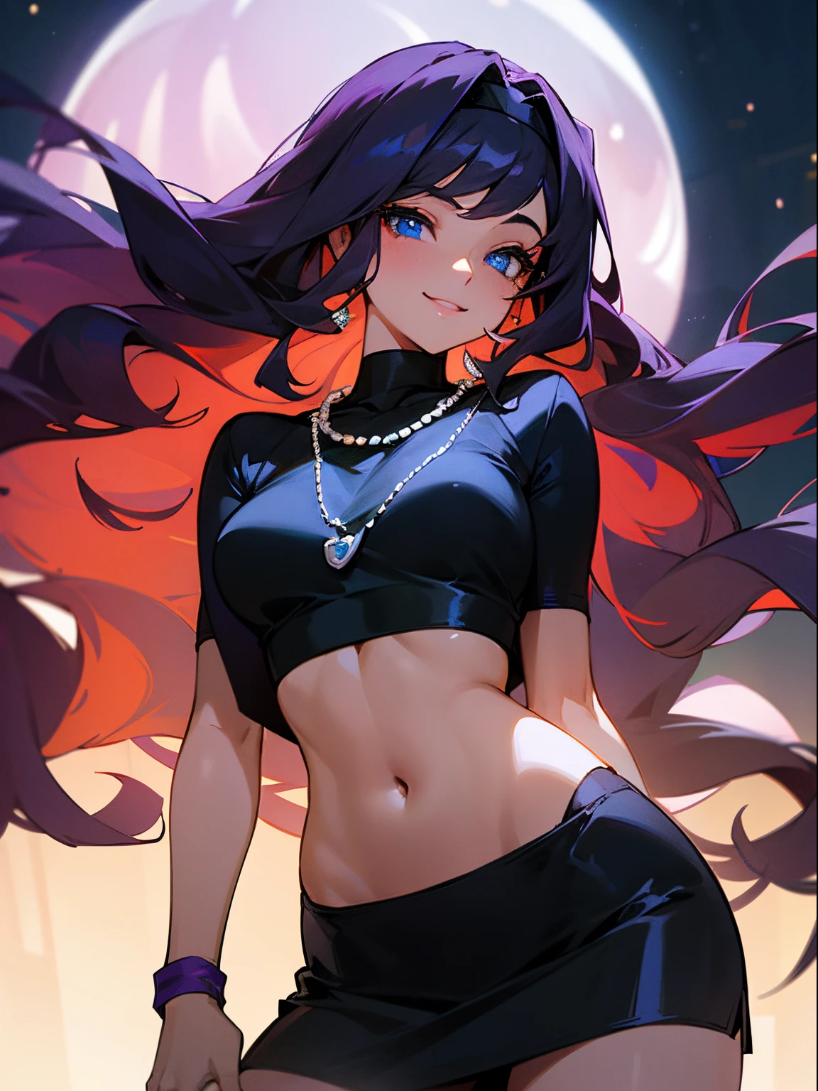 A beautiful and sexy woman with long wavy violet hair, side-swept bangs, sharp blue eyes, light skin, smile, wearing a black crop top, short black skirt, black headband, and pearl necklace, in the city at nighttime