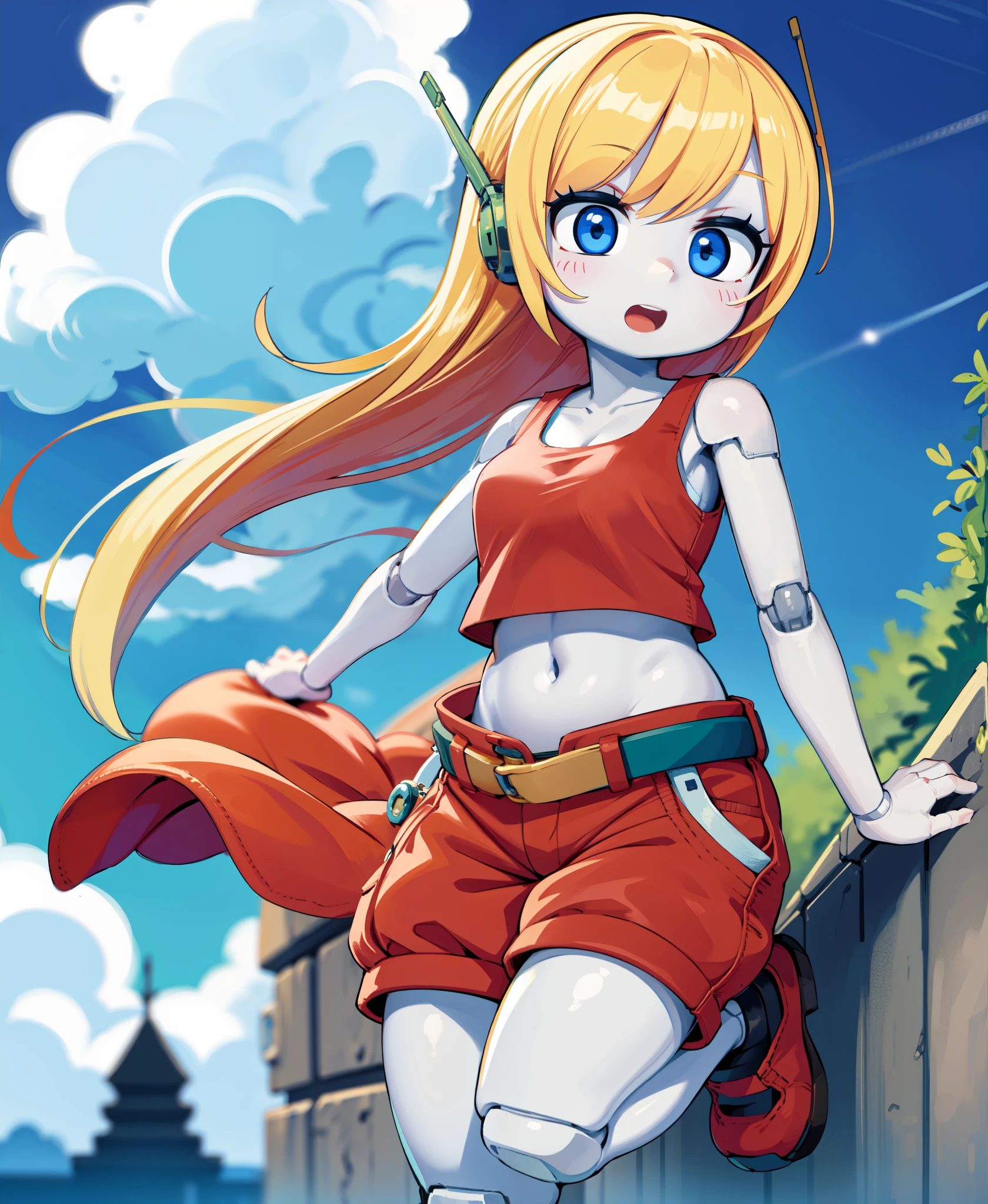 1girl, best quality,ultra high res, absolutely resolution, curly brace, robot joints, white skin, blue eyes,  blonde hair, tank top, pants, belt, happy, jumping, blue sky,