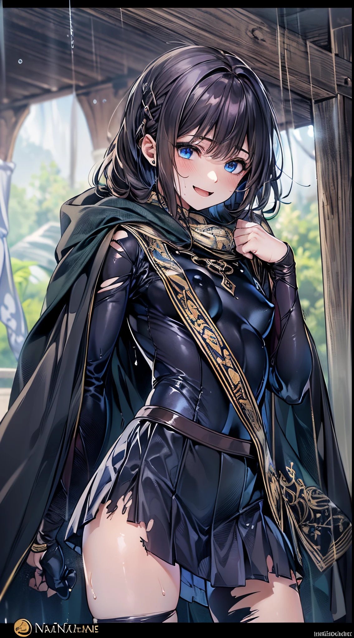 One lady,ar old, ,((())), (()), (())((I'm opening my mouth)),((micro skirt, bodysuit and short cloak))(A smile),Wet with sweat,(A dark-haired,),((Fantasy,natta))((Clothes are torn))