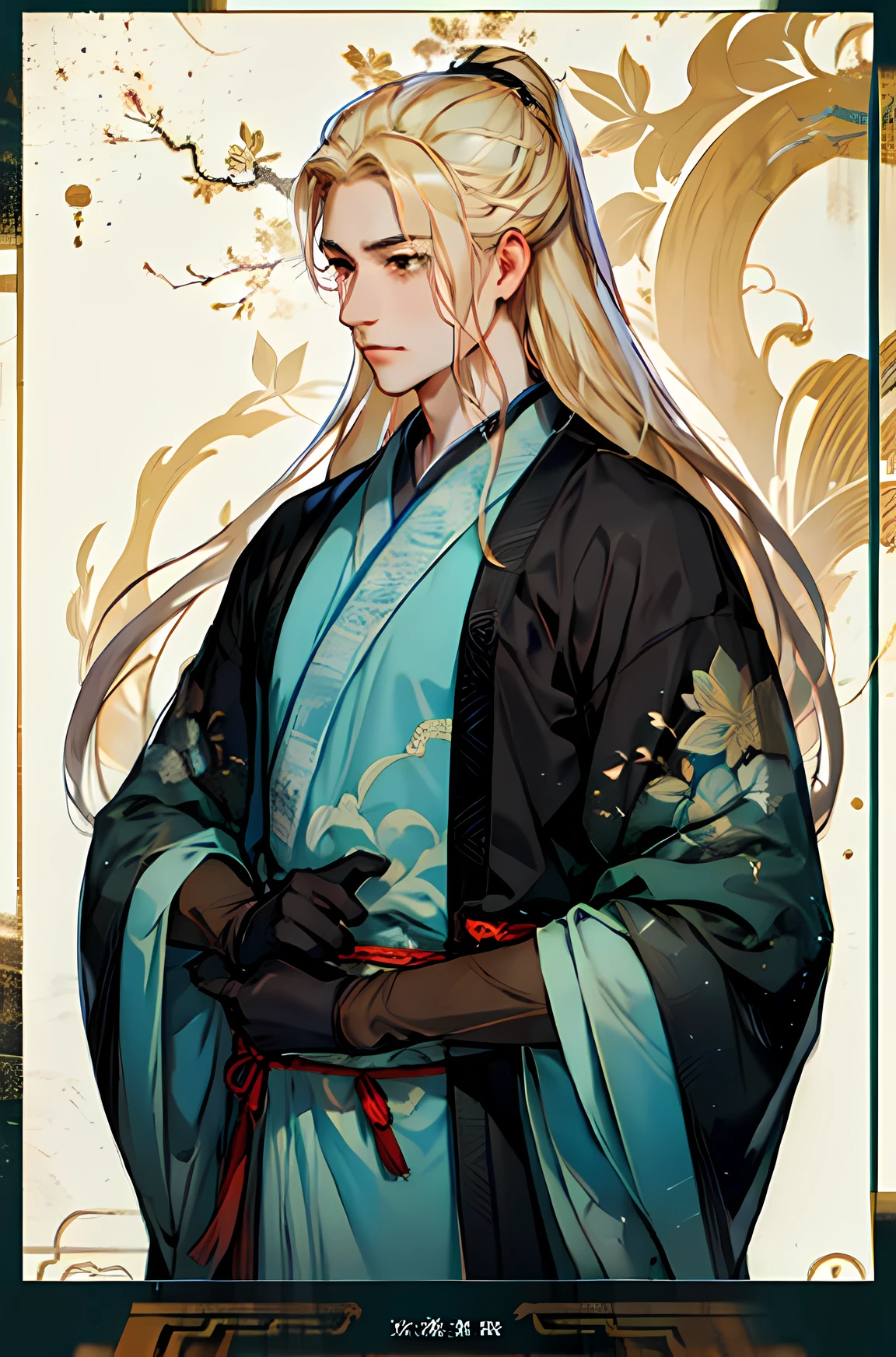 handsome young man, long blonde hair, serious expression, smart, LONG black gloves,blue and white male hanfu, ancient china, flat background, masterpiece,masterpiece