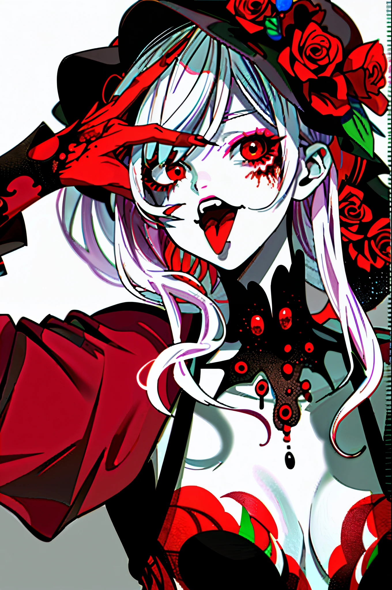 Masterpiece, best quality, high quality, ultra detailed, Red eyes, Tongue out, finger nails, Colored skin, zombie pose, JiangshiT, CatherineVG, 1girll