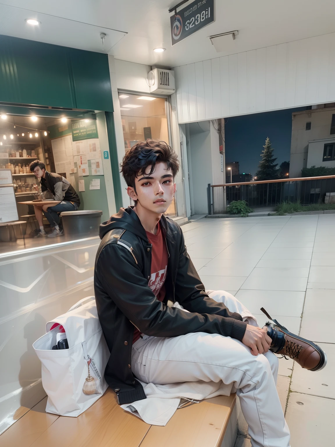 RAW photo, a young man sitting by a street at night, (high detailed skin:1.2), 8k uhd, dslr, soft lighting, high quality