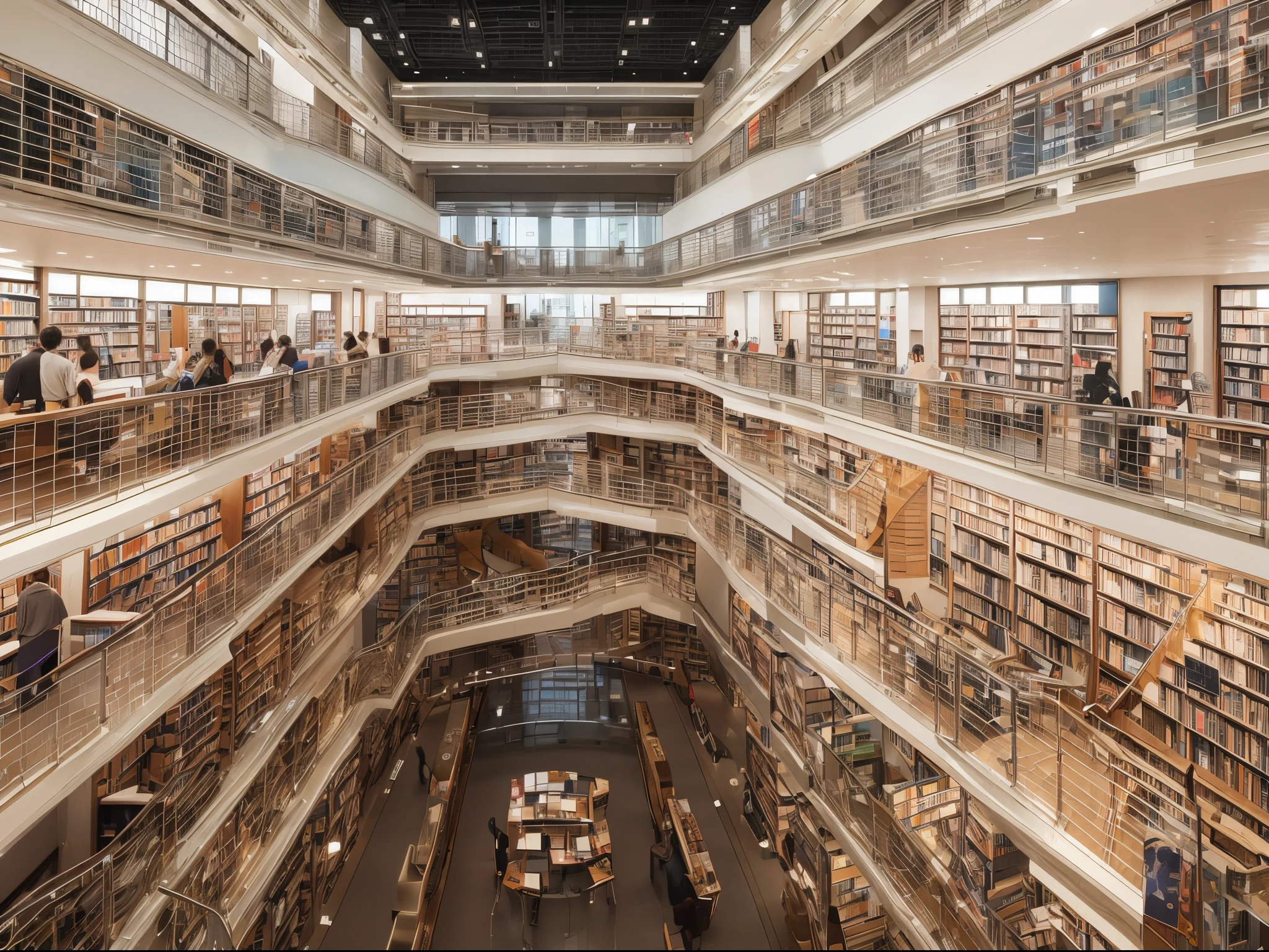 Inspire an image of an expansive, UHD library that visually conveys the concept of infinite knowledge, with books transforming into streams of information and data.