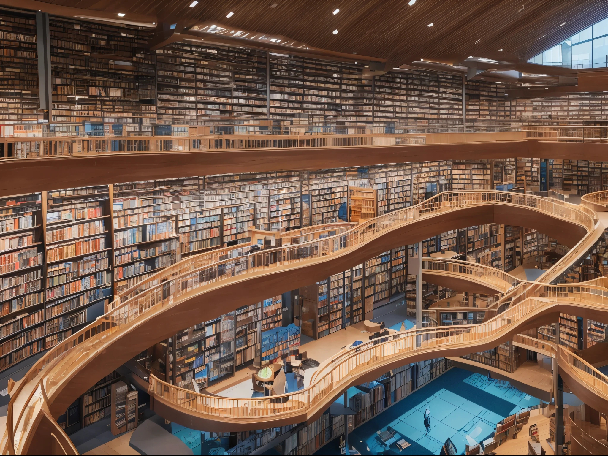 Inspire an image of an expansive, UHD library that visually conveys the concept of infinite knowledge, with books transforming into streams of information and data.