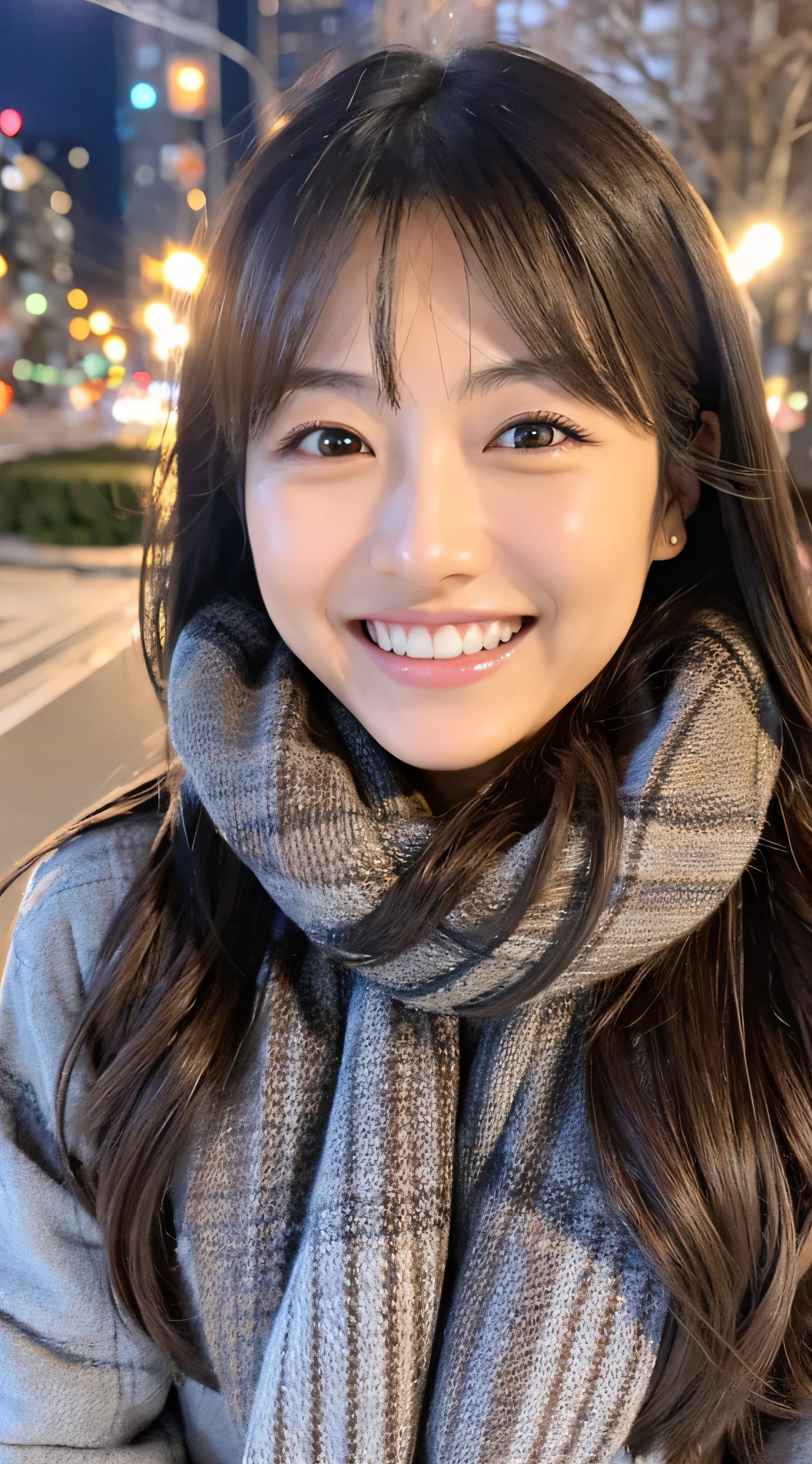 A Japanese milf, photo of one girl, Slender figure, Realistic teeth, double eyelids, smile, full-body, masterpiece, best quality, detailed, beauty, night, Illumination, winter