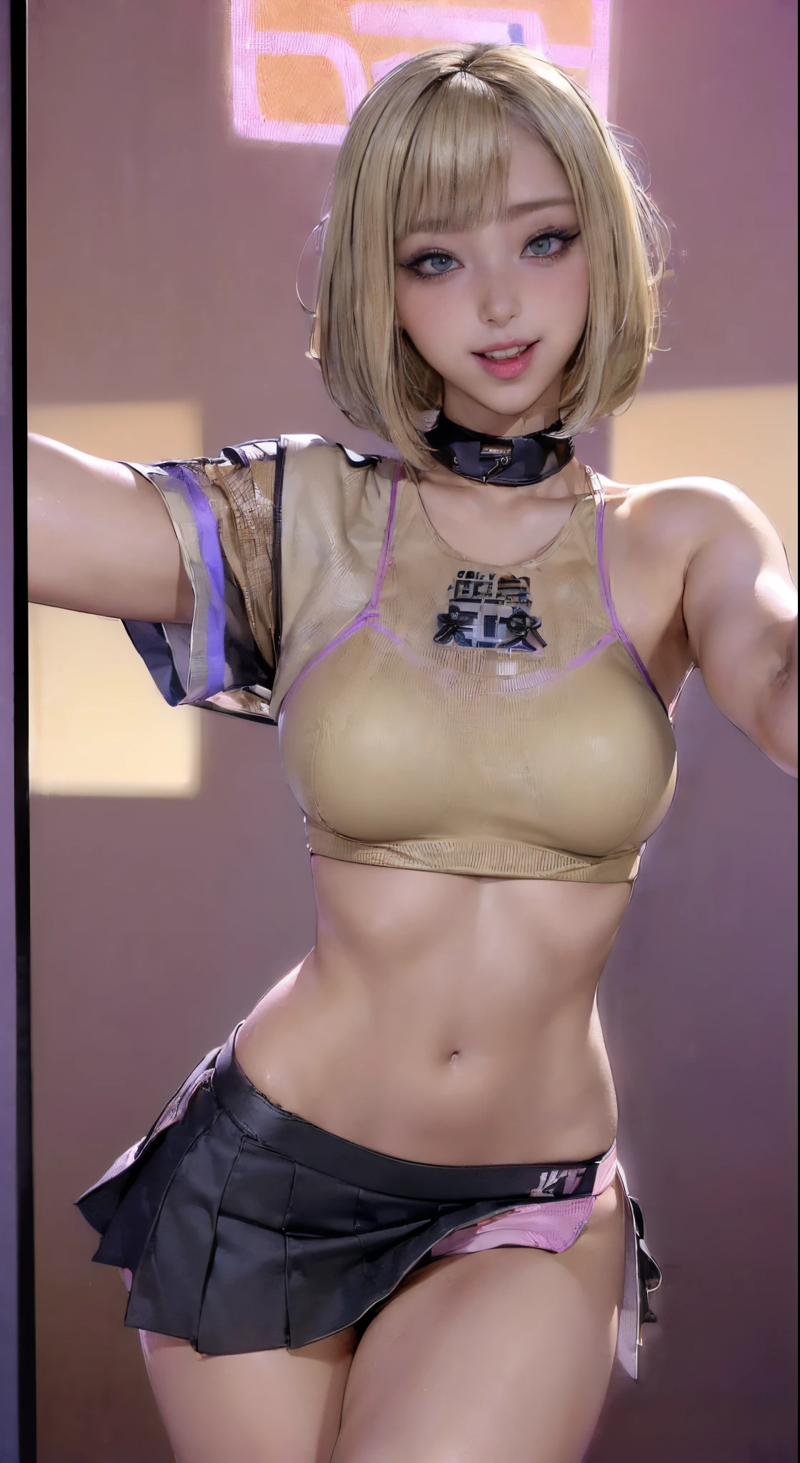 (Skin Texture:1.5),(Provocative smile:1.3),(Posing、Sexy blonde schoolgirl taking a selfie:1.5) ),(makeup),((two tone eyeshadow、eye liner、False eyelashes)),((Beautiful breasts with firmness))、toppless、Loose socks,(Watching the viewer:1.5),(Random hair color),(smooth bangs),(Random Color Shorthair:1.35),(Fancy underwear:1.4)