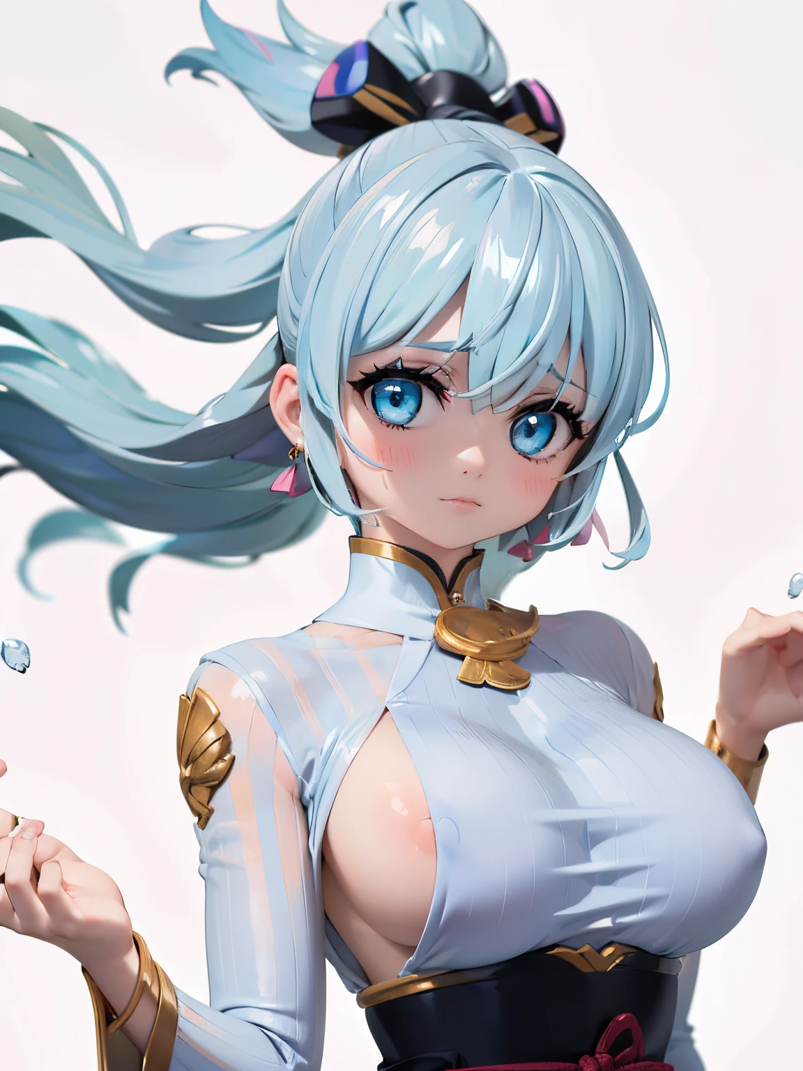 (masterpiece), (best quality), (ultra detailed),(disheveled hair),(illustration), (1girl), (Fashionable clothing), standing, Fashion model, looking at viewer, (interview), (simple background),beautiful detailed eyes, delicate beautiful face, Floating,(high saturation),(colorful splashes),colorful bubble,(shining), focus on face, ponytail, kamisato ayaka, light blue hair, bangs, hair ring, floating flowers, floating hairs, (shining), best lighting, best shadow,
