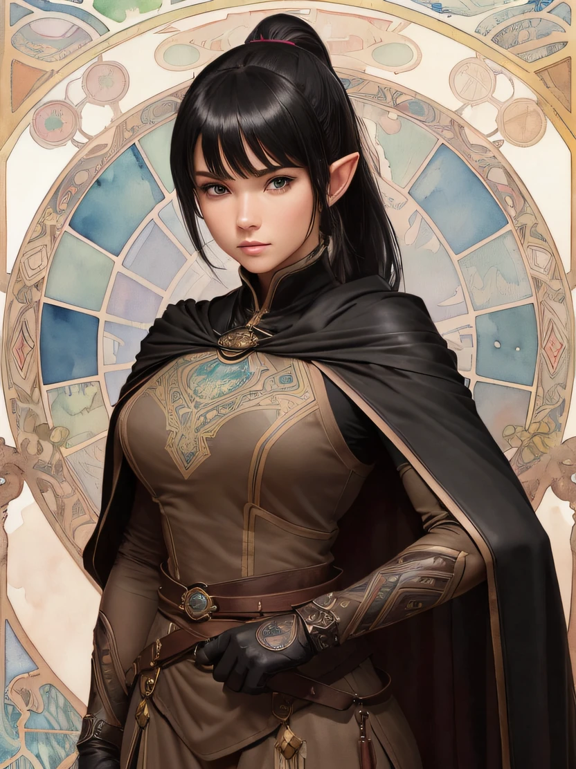 ((hight resolution、top-quality、super detailing、best picture、watercolor paiting、thick outlines、mats、by mucha))、flowing lines、cowboy  shot、Stunning portrait of a beautiful woman、1 female、((elvish、glistning skin、Black haired beauty、Hairstyle Ponytail))、Slender figure、Hairstyle Ponytail、Blue eyes、Sharp eyes、hyperdetailed face、A detailed eye、Detailed hand depiction、Warrior armor and long sleeve leather tunic、Black cloak、Black leather gloves