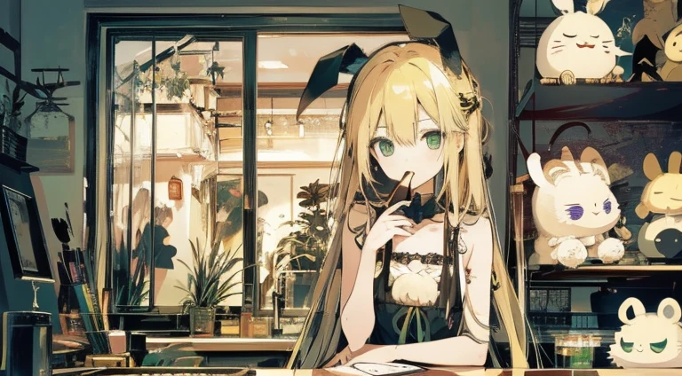 Blonde long hair、Front upper body、Cheek cane、Pointed mouth、girl with、illustratio、cute little、chocolate bat on the mouth、inside in room、pop music、Green eyes、Baby rabbit