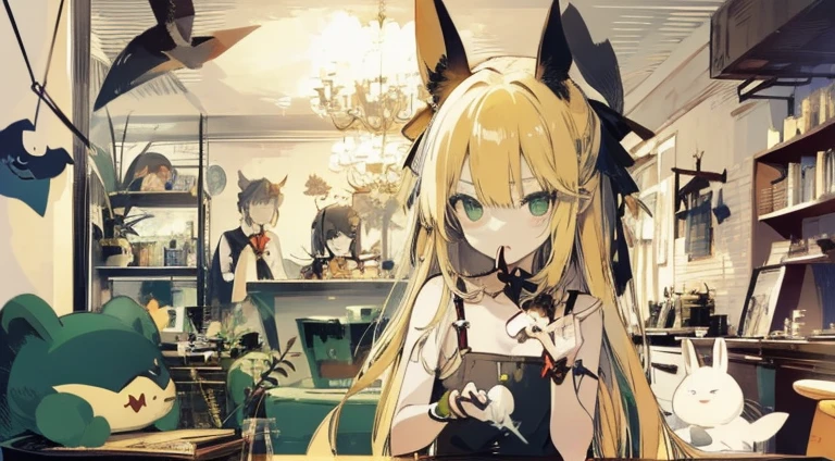 Blonde long hair、Front upper body、Cheek cane、Pointed mouth、girl with、illustratio、cute little、chocolate bat on the mouth、inside in room、pop music、Green eyes、Baby rabbit