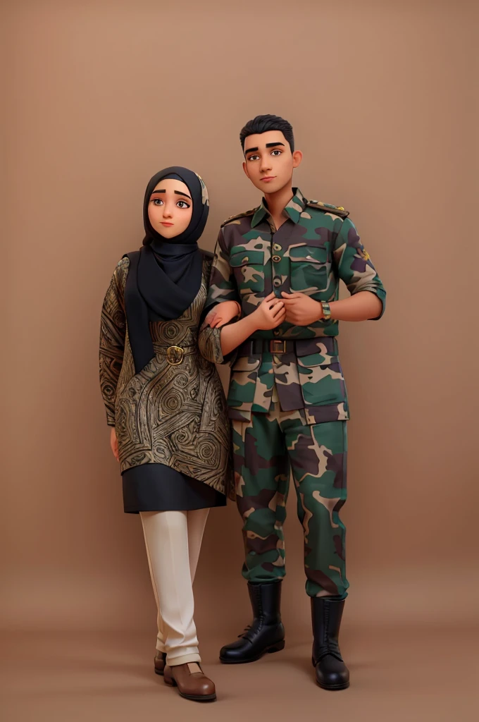 Beautiful woman in black hijab with batik tunic and cream trousers holding the hand of handsome man in TNI camouflage uniform