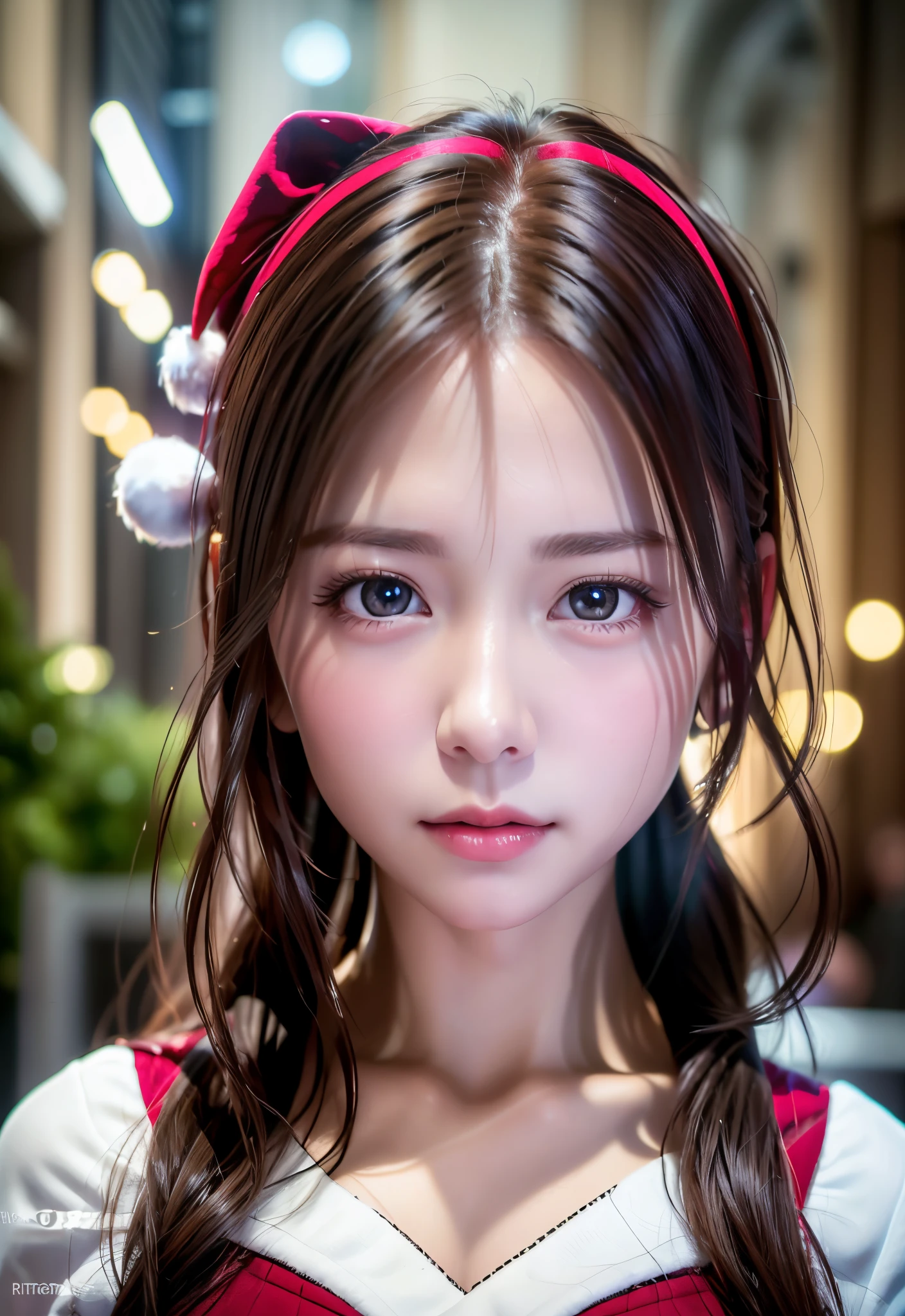 8K, of the highest quality, masutepiece:1.2), (Realistic, Photorealsitic:1.37), of the highest quality, masutepiece, Beautiful young woman, Pensive expression,、A charming、and an inviting look, cute santa clothes, Hair tied back, Cinematic background, Light skin tone