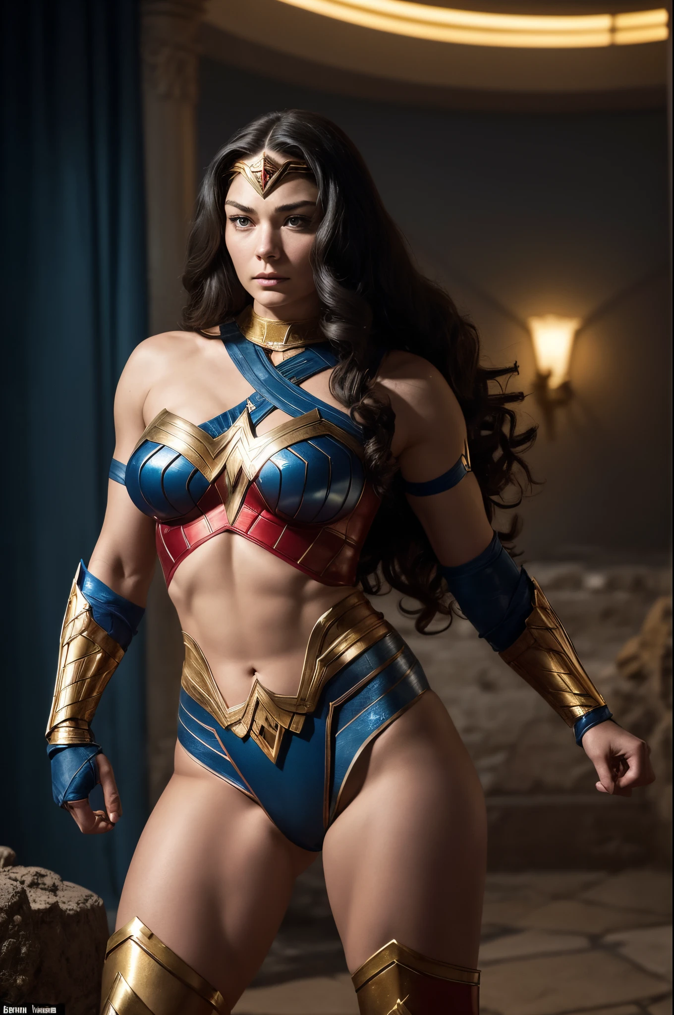 ALEXA DAVALOS AS WONDER WOMAN ( DC COMICS ), BLUE RED ARMOUR, HUGE LONG HAIR, SHINING BLACK HAIR, PALE SKIN, BLUE EYES, STRONG FACE EXPRESSION, GOLDEN TIARA, GOLDEN GAUNTLETS, GOLDEN BRACELETES, NAVY BLUE UNDER ARMOUR, ATHLETIC CURVY BODY, STRONG ARMS, STRONG LEGS, MUSCLES, GREEK ARCHITECTURE, DESERT ISLAND, SEA, BLUESKY, SUN, MASTERPIECE