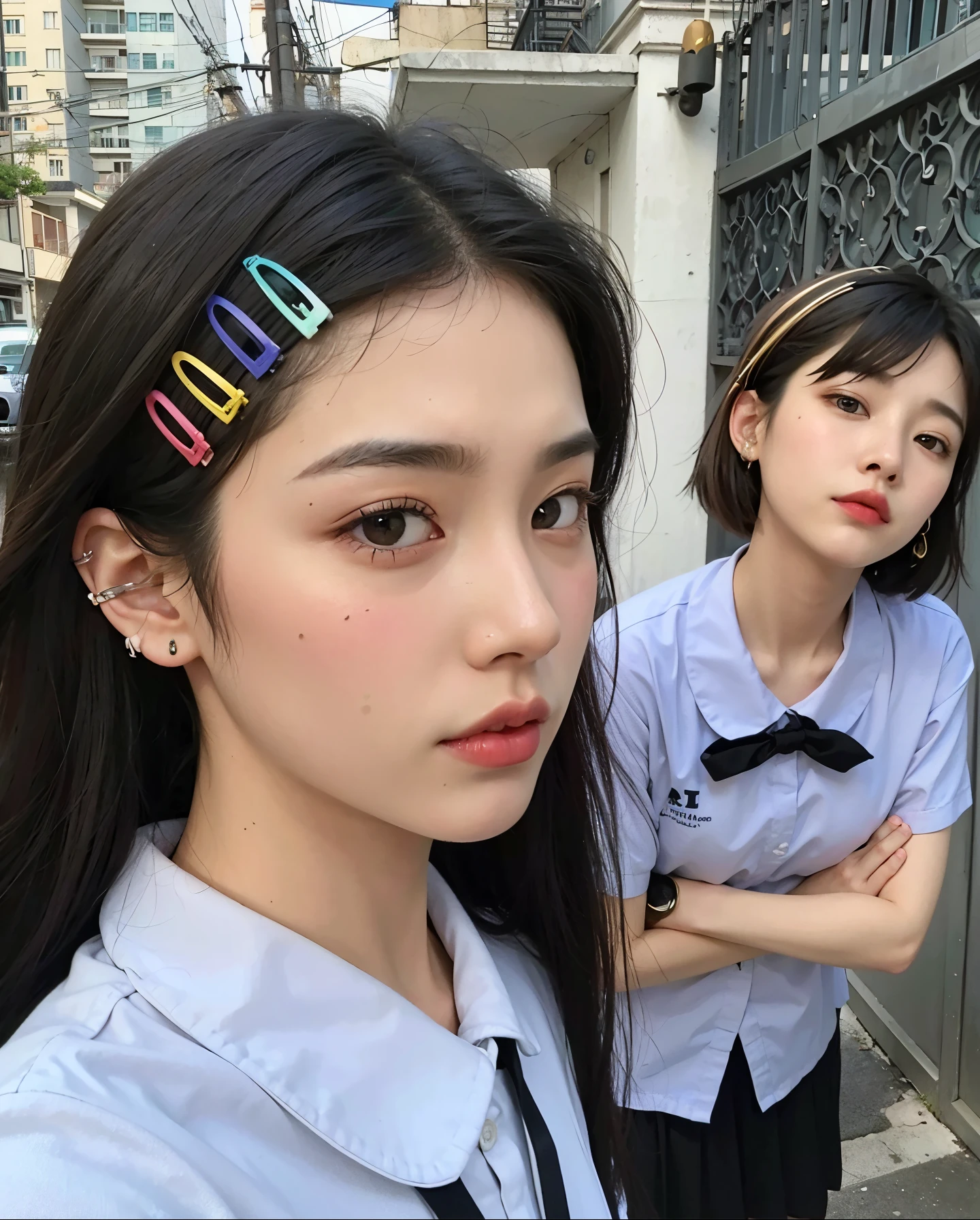 Two young girls with hair clips standing next to each other, lindo colorido adorable, ulzzang, coleta colorida, con el mismo peinado, 2 0 2 0 moda, Cai Xukun, Xision Wu, 2 colores, De color]", Yanjun Chengt, Peinado twintails, peinado de coletas, 3 colores, maquillaje popular de Corea del Sur, Chica joven y linda