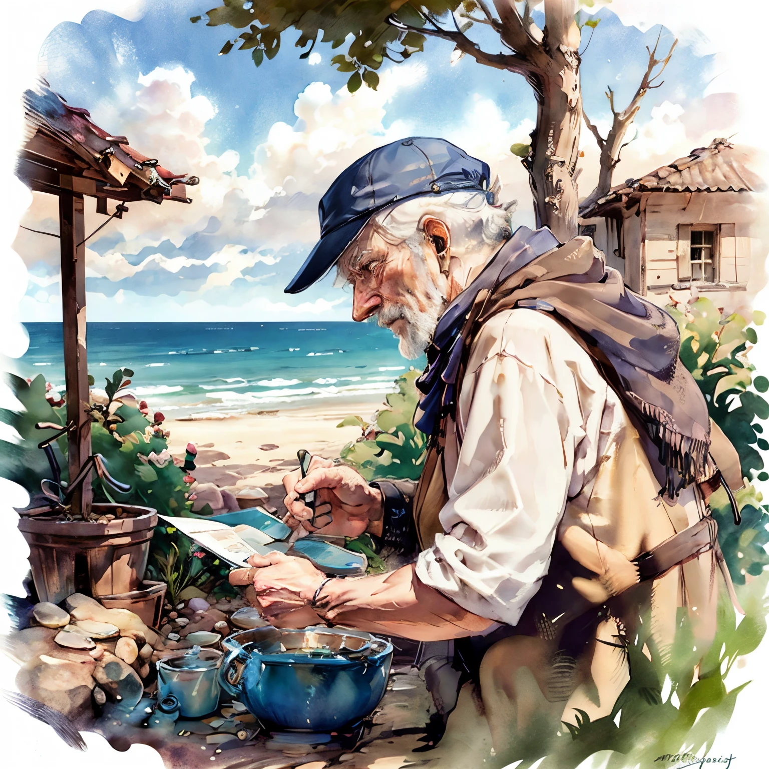 An old man looking at a small postcard, the calm sea, the calm waves, the clear sky, the memories,