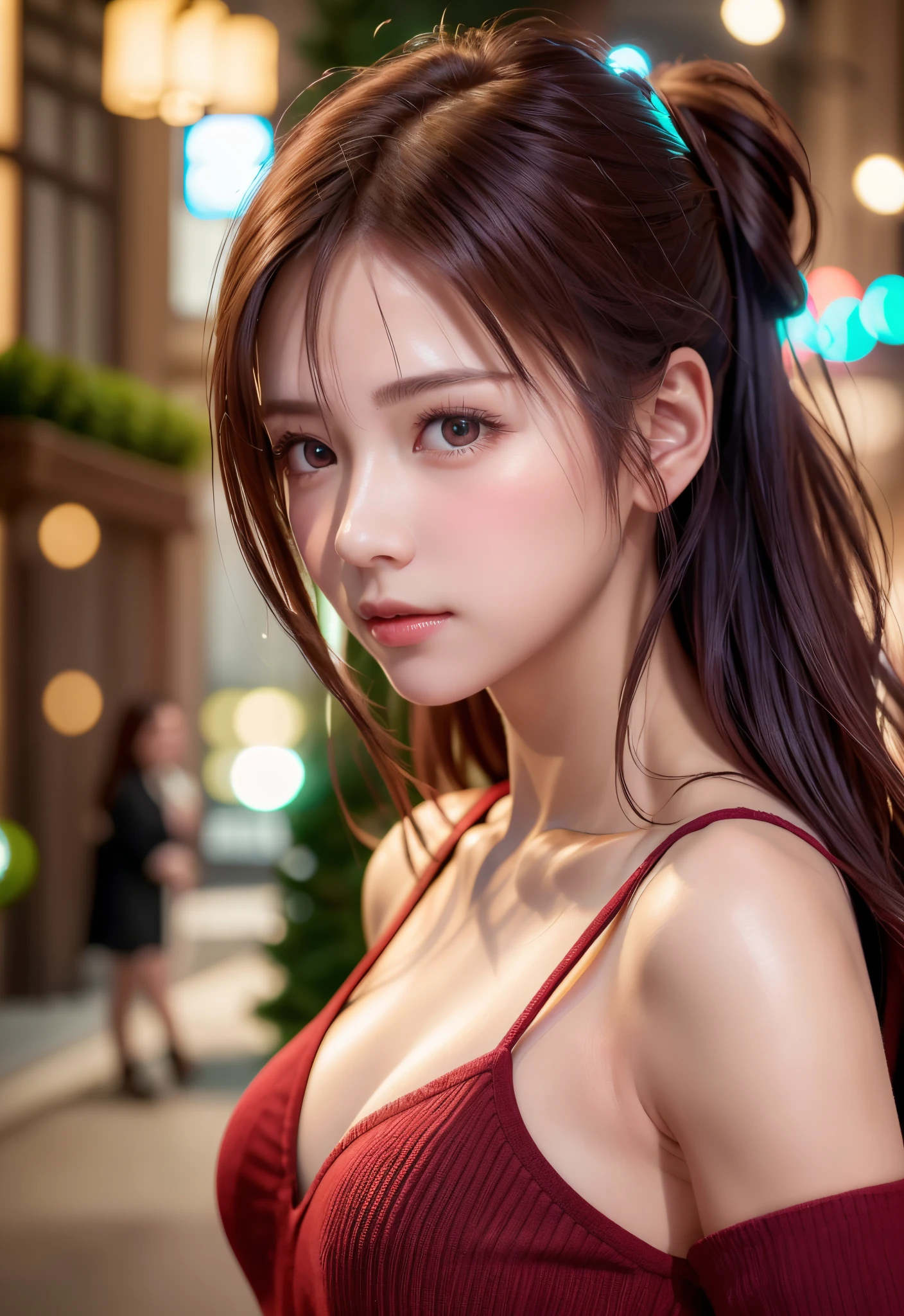 8K, of the highest quality, masutepiece:1.2), (Realistic, Photorealsitic:1.37), of the highest quality, masutepiece, Beautiful young woman, Pensive expression,、A charming、and an inviting look, cute santa clothes, Hair tied back, Cinematic background, Light skin tone