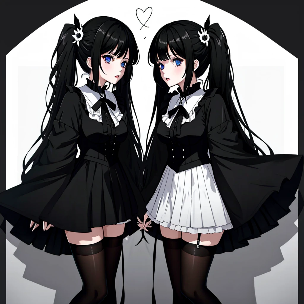 two anime girls with black hair and white shirts next to each other, lo gothic!!, ambos vestindo roupas vitorianas, twintails branco_Luvas, Gapmoe Yandere Grimdark, gothic harts, dark and gothic, black-white skintight robes!, branco e preto, japanese gothic, IMVU, Gothic attire, roupas witchcore, goth clothing, twins