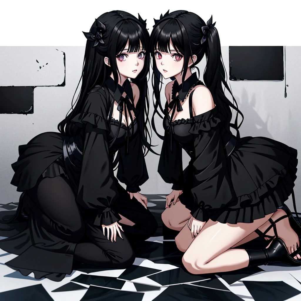 two anime girls with black hair and white shirts next to each other, lo gothic!!, ambos vestindo roupas vitorianas, twintails branco_Luvas, Gapmoe Yandere Grimdark, gothic harts, dark and gothic, black-white skintight robes!, branco e preto, japanese gothic, IMVU, Gothic attire, roupas witchcore, goth clothing, twins