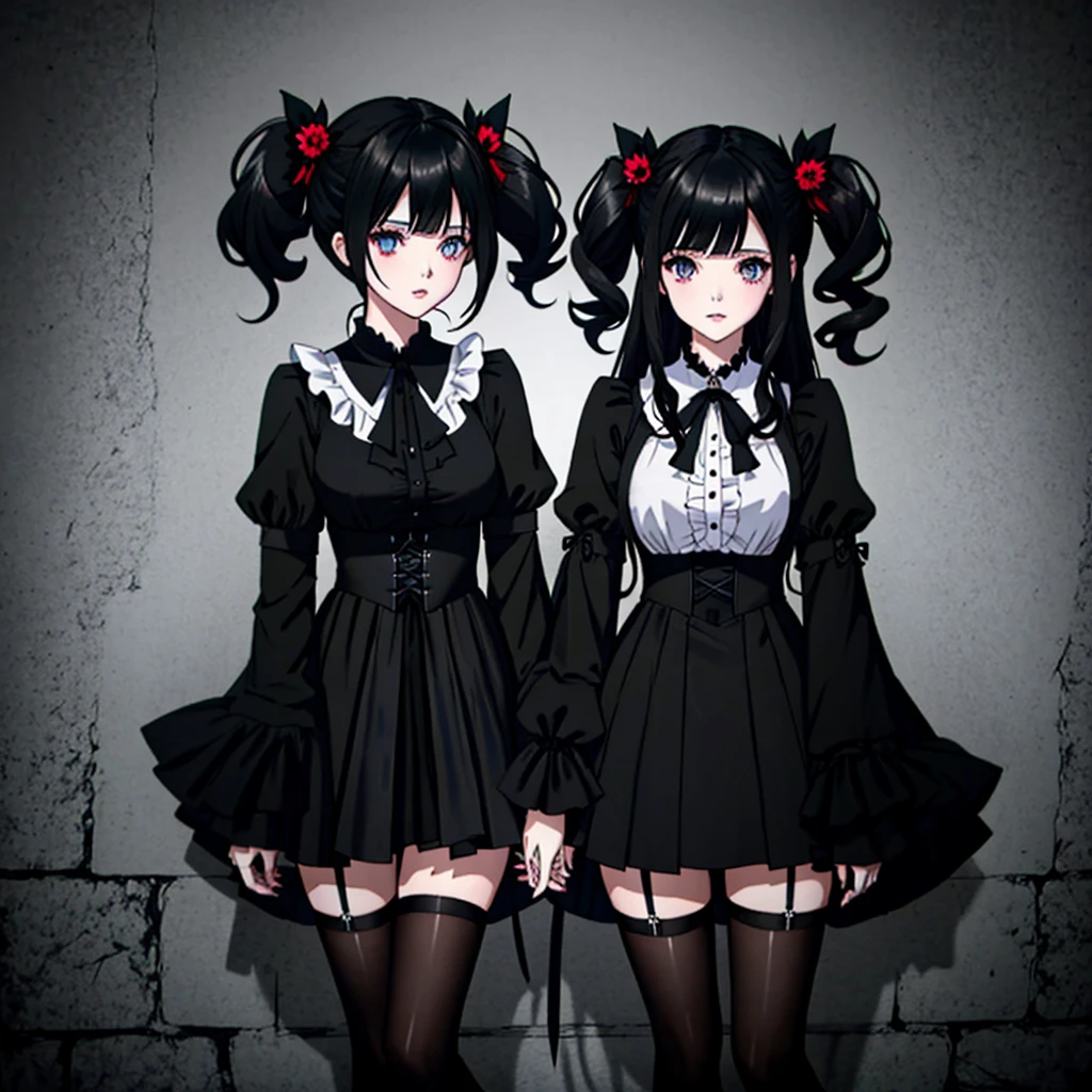 two anime girls with black hair and white shirts next to each other, lo gothic!!, ambos vestindo roupas vitorianas, twintails branco_Luvas, Gapmoe Yandere Grimdark, gothic harts, dark and gothic, black-white skintight robes!, branco e preto, japanese gothic, IMVU, Gothic attire, roupas witchcore, goth clothing, twins