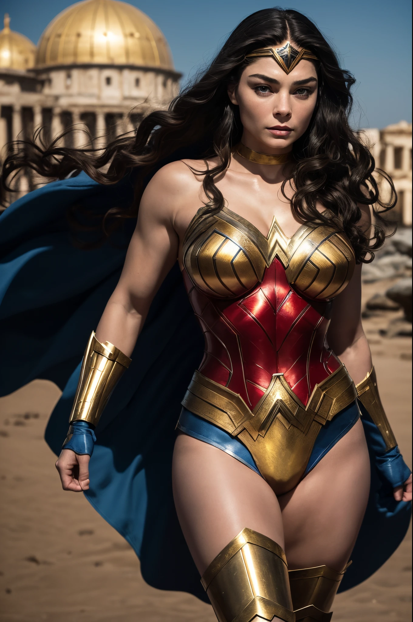 ALEXA DAVALOS AS WONDER WOMAN ( DC COMICS ), BLUE RED ARMOUR, HUGE LONG HAIR, SHINING BLACK HAIR, PALE SKIN, BLUE EYES, STRONG FACE EXPRESSION, GOLDEN TIARA, GOLDEN GAUNTLETS, GOLDEN BRACELETES, NAVY BLUE UNDER ARMOUR, ATHLETIC CURVY BODY, STRONG ARMS, STRONG LEGS, MUSCLES, GREEK ARCHITECTURE, DESERT ISLAND, SEA, BLUESKY, SUN, MASTERPIECE